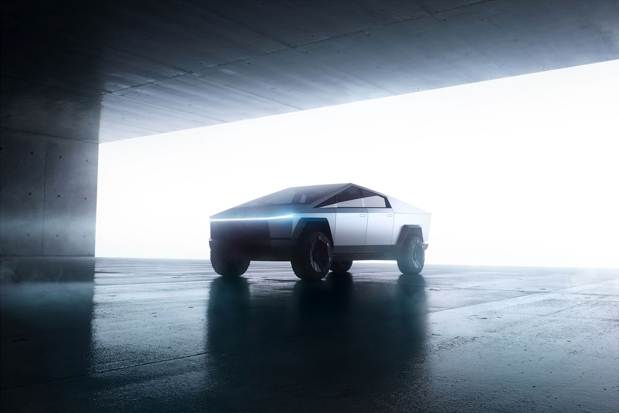 Tesla Cybertruck, Tesla, Pick-up, Betondach, Nebel, Futuristisch, 2K, Desktop-Hintergrund