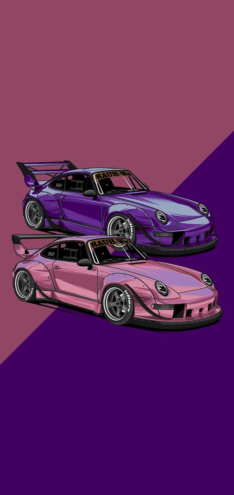 RWB Porsche 911, Porsche, Illustration, Lila Sportwagen, Rosa Sportwagen, Duo, Hochformat-Hintergrundbild