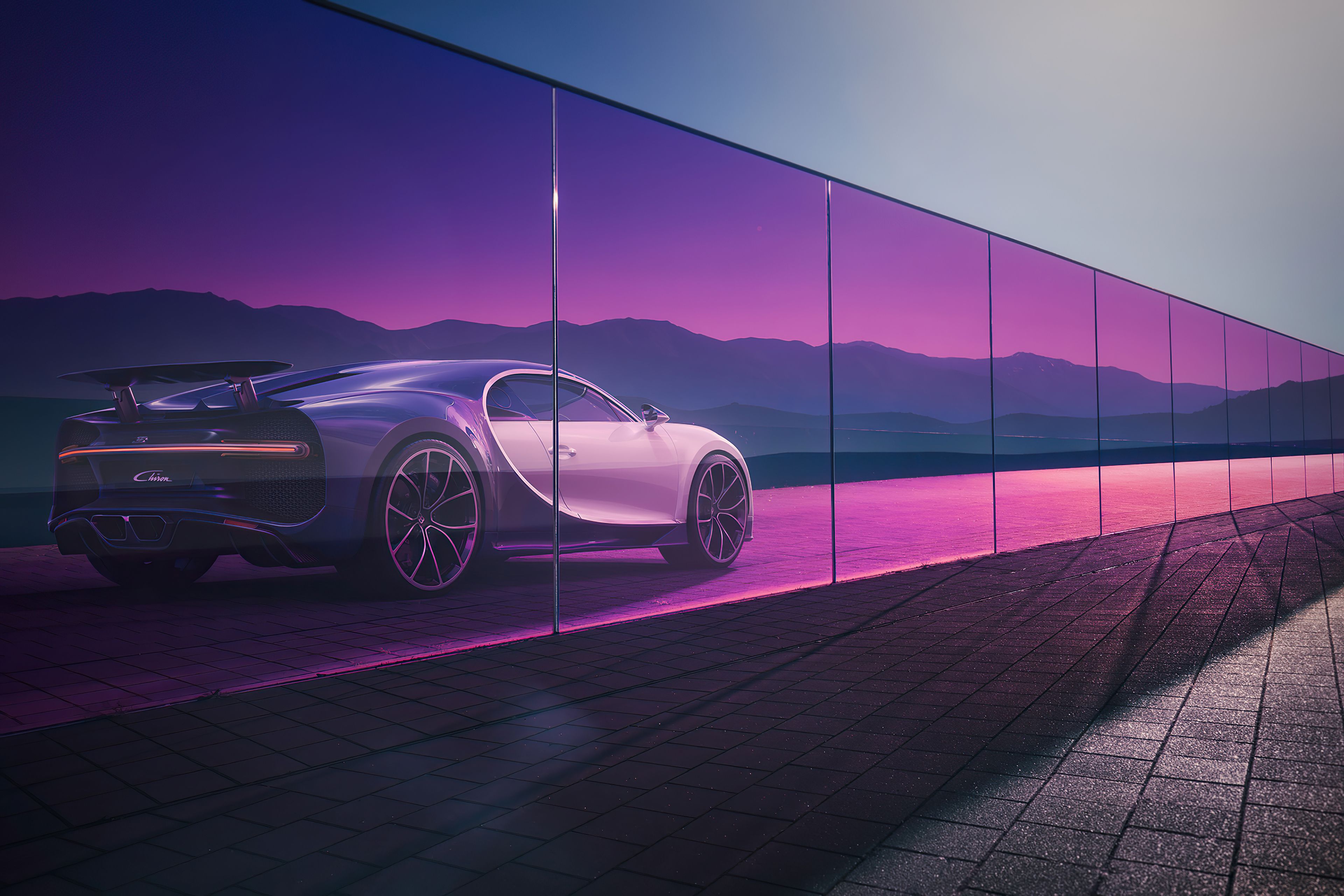 Bugatti Chiron, Glasfassade, Spiegelung, Lila Himmel, Abenddämmerung, 4K, PC-Hintergrundbild