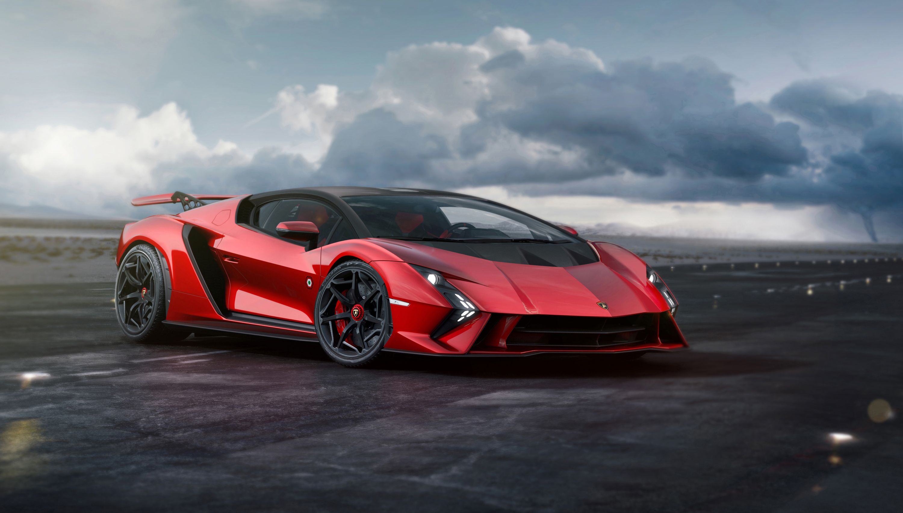 Lamborghini, Hypercar, Roter Supersportwagen, Wolken, Rennstrecke, 2K, PC-Hintergrundbild
