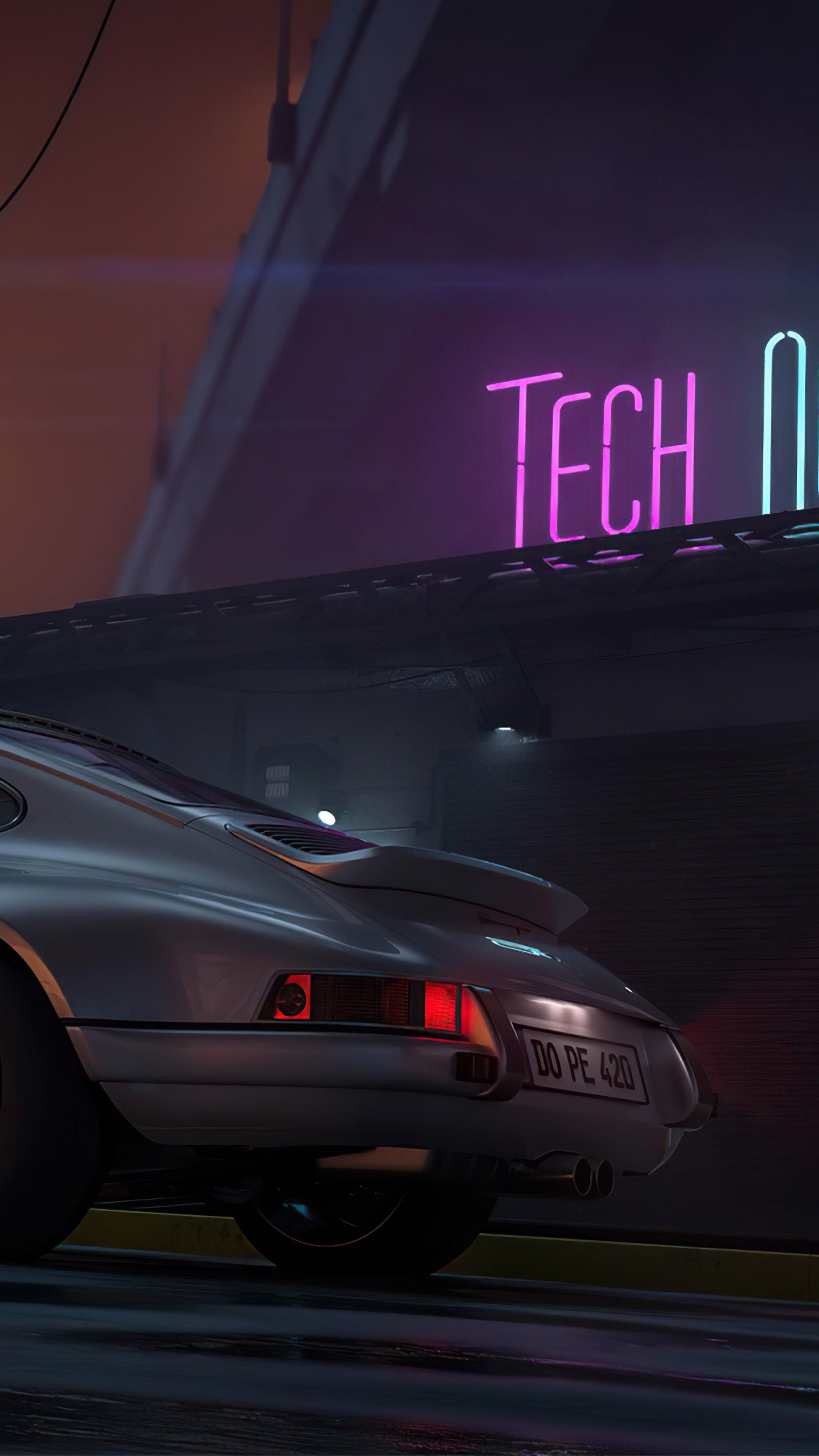 Porsche 911, Porsche, Neonschrift, Nacht, Dunkel, Heckansicht, QHD+, Handy-Hintergrundbild