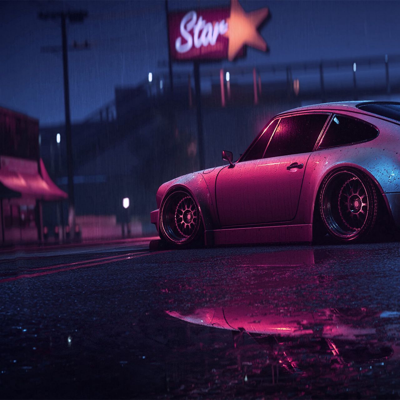 Porsche 911, Porsche, Neonschild, Nacht, Pinkes Licht, Regen, Tuning, HD, Tablet-Hintergrund
