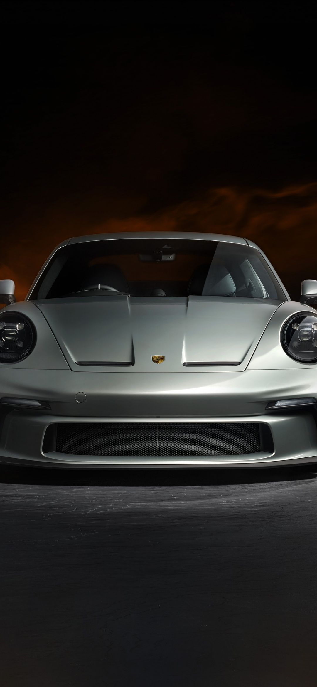 Porsche 911, Porsche, Frontansicht, Silberner Sportwagen, Dunkel, Full HD, iPhone-Hintergrundbild