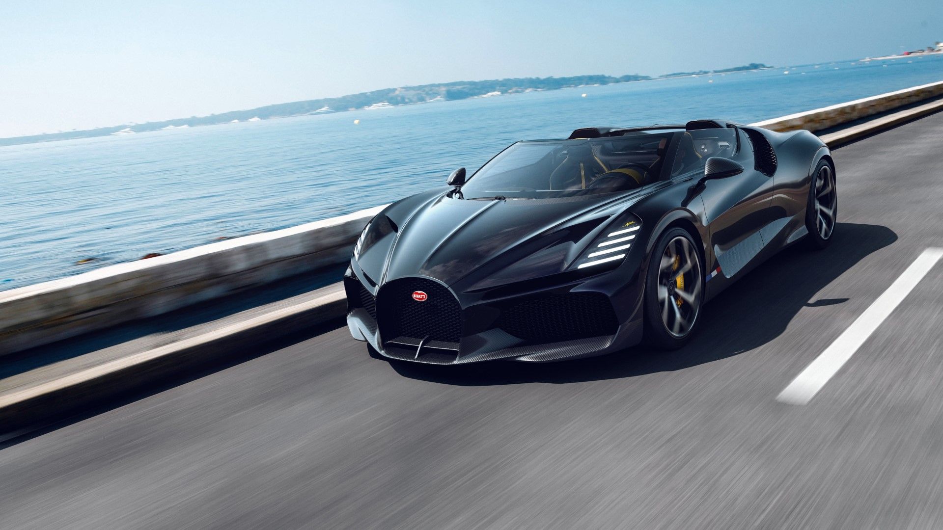 Bugatti W16 Mistral, Roadster, Küstenstraße, Meer, Fahrt, Full-HD-Hintergrundbild für PC