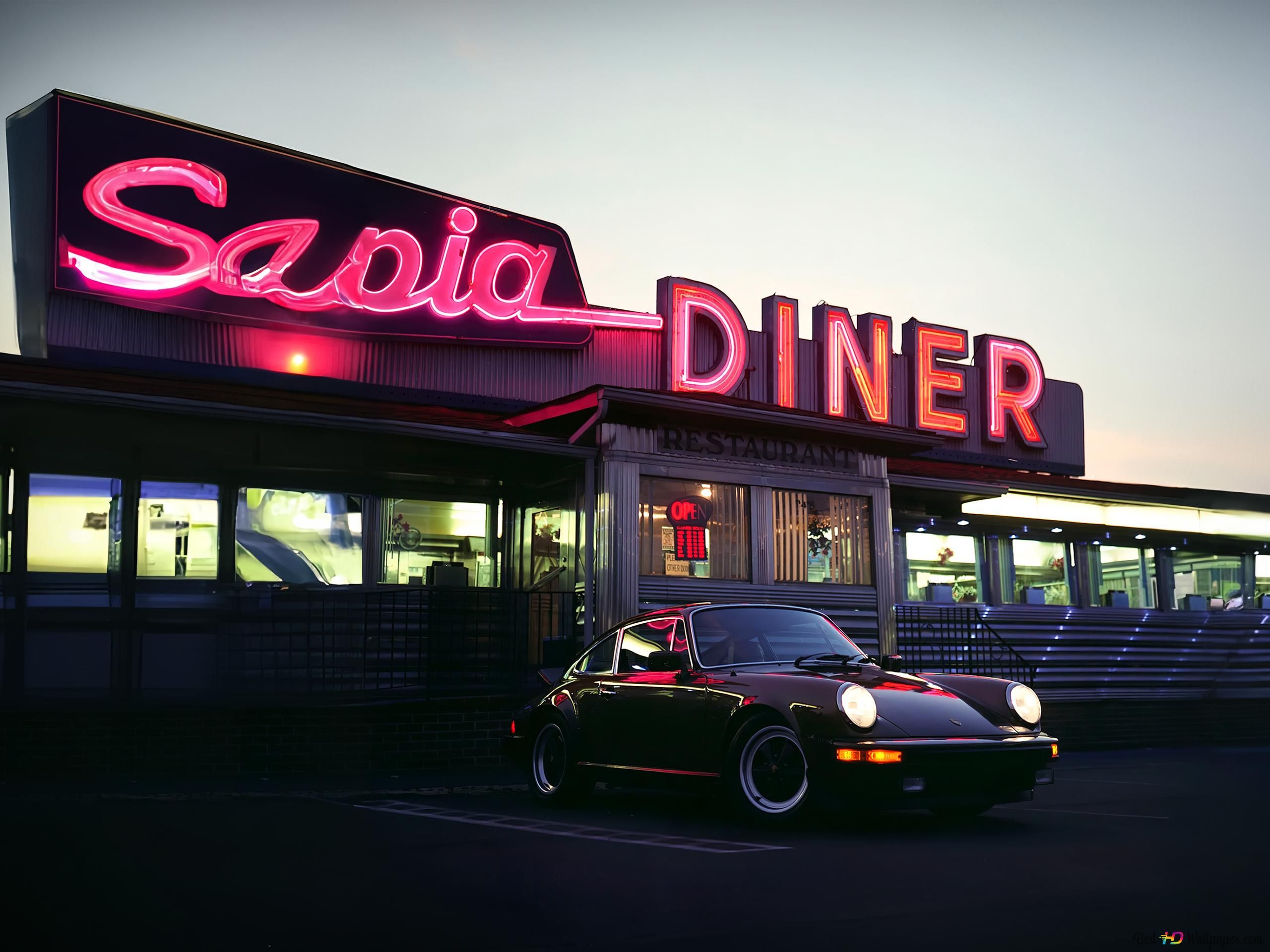 Porsche 911, Porsche, Diner, Neonschild, Dämmerung, Schwarzer Klassiker, Retro, 2K-Tablet-Hintergrundbild