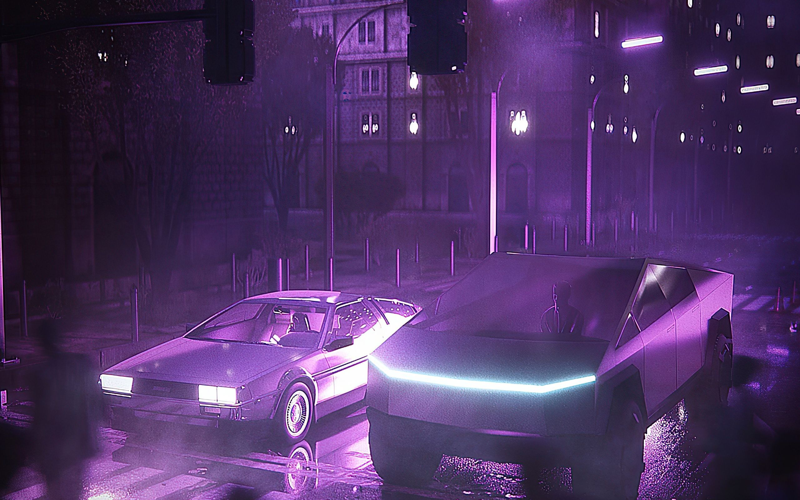 Tesla Cybertruck, DeLorean DMC-12, Tesla, Lila Licht, Neon, Nacht, 2K, MacBook-Hintergrundbild