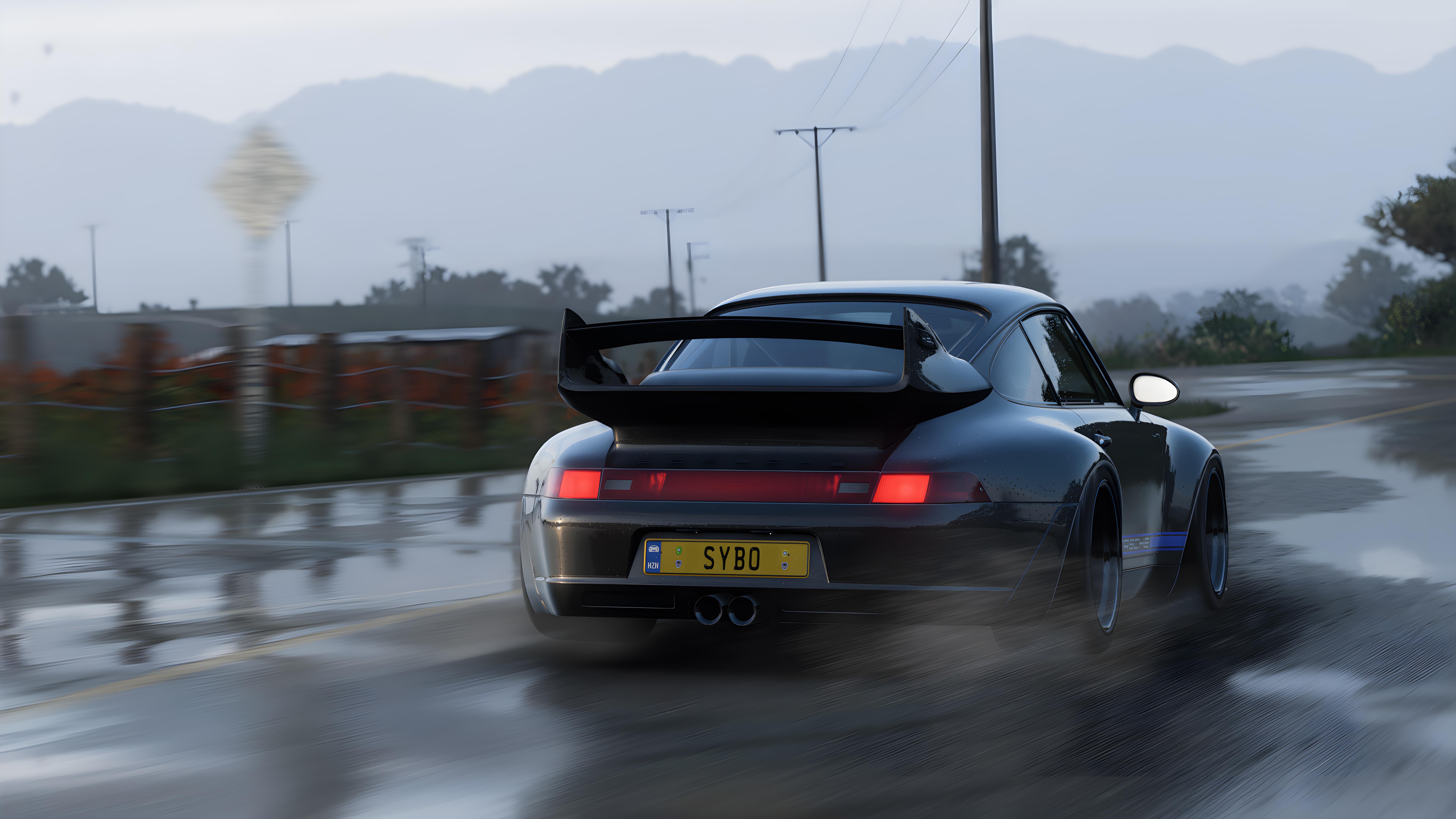 Porsche 911 GT2, Porsche, Regen, Nasse Straße, Heckflügel, Bewölkter Himmel, 8K-Hintergrundbild