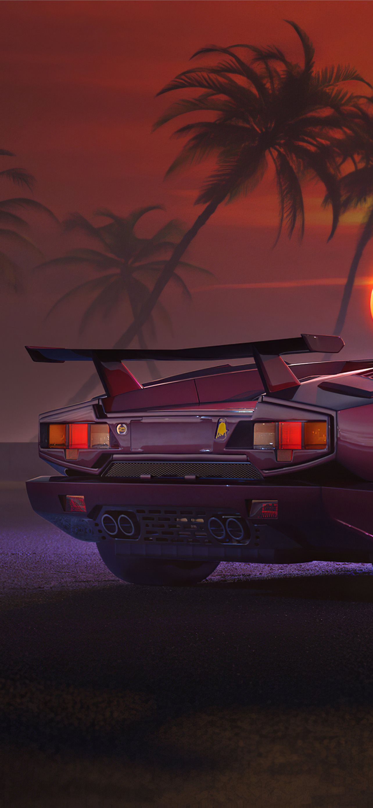 Lamborghini Countach, Palmen, Heckansicht, Roter Himmel, Retro, 1284x2778, Handy-Hintergrund