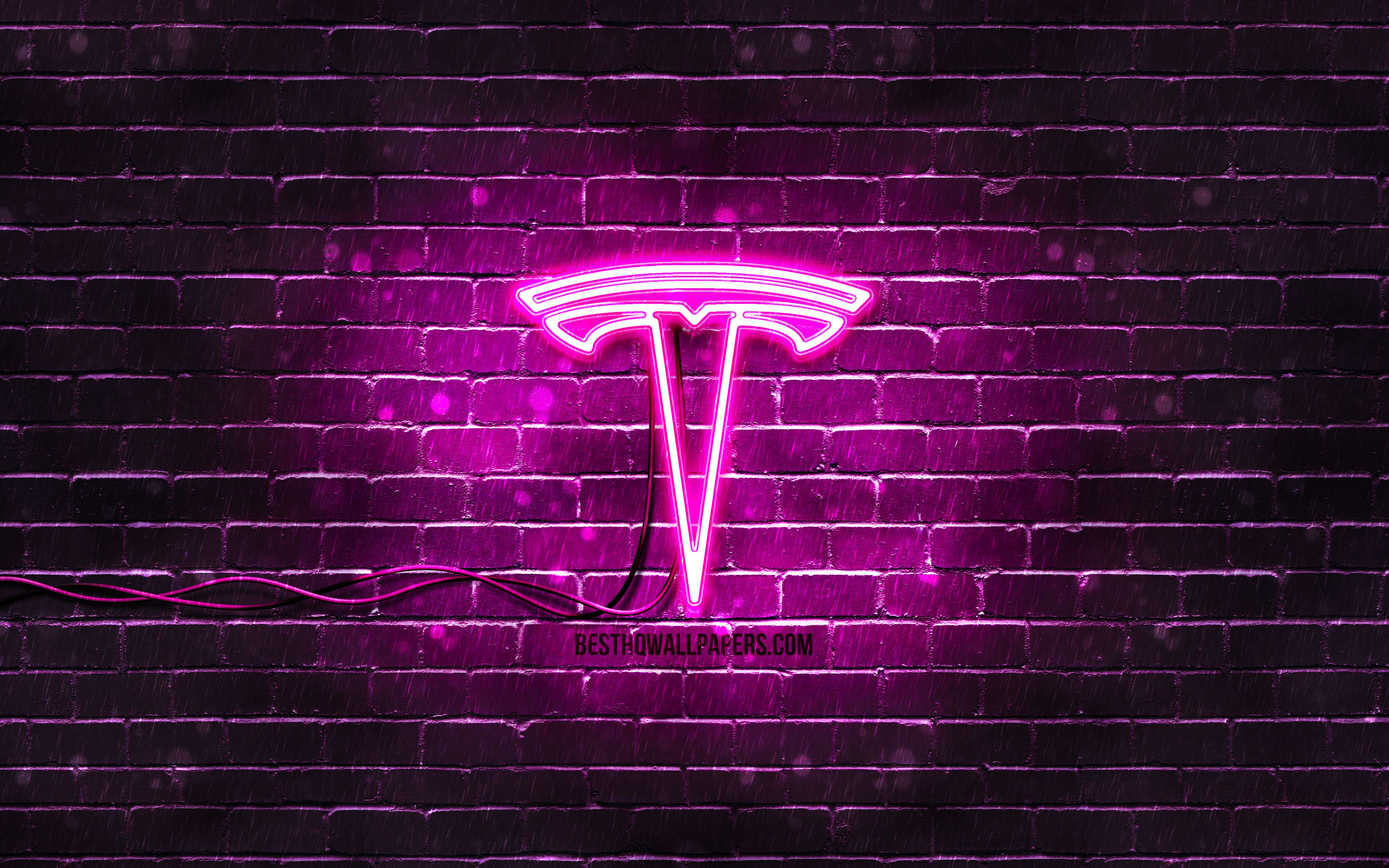 Tesla-Logo, Tesla, Neonschild, Pinkes Neon, Backsteinmauer, 4K-Hintergrundbild für PC