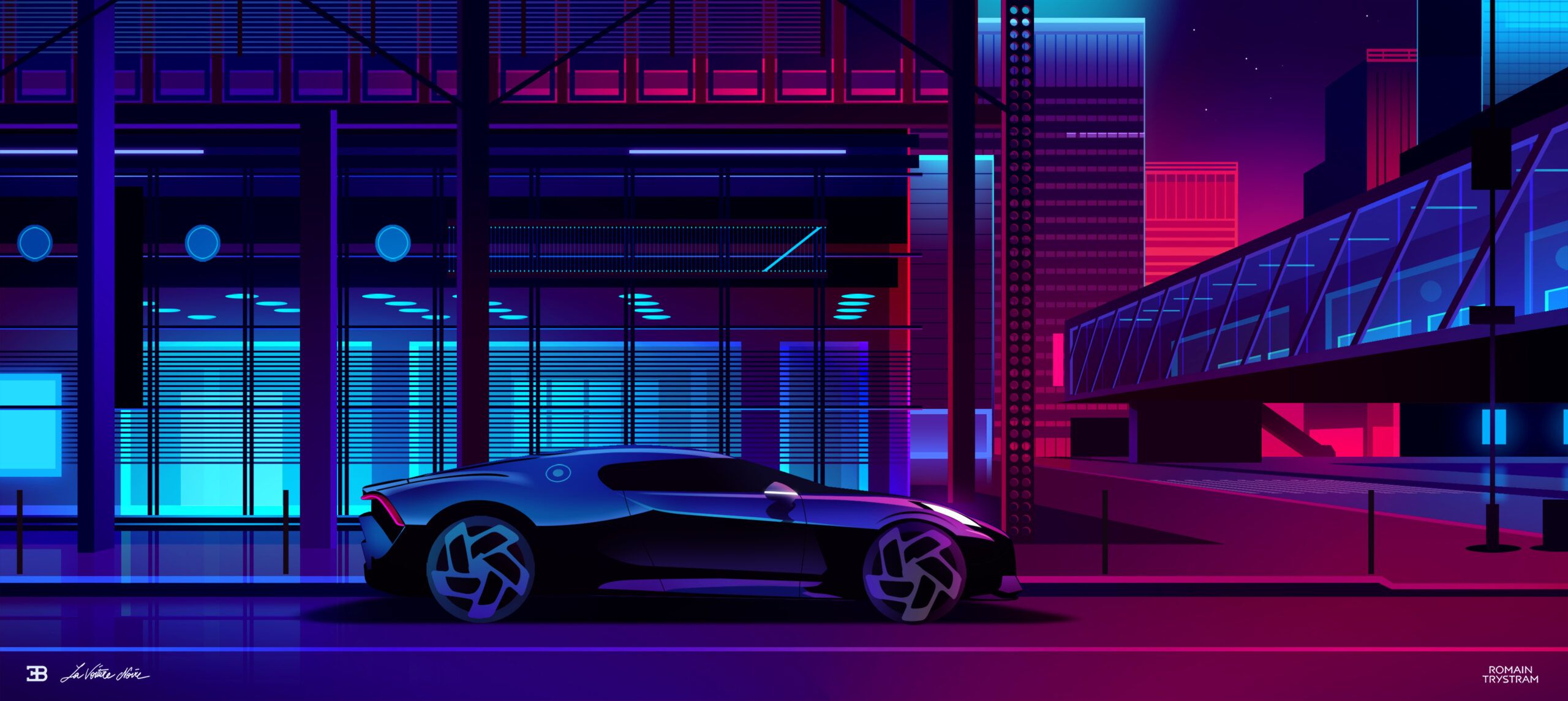 Bugatti La Voiture Noire, Illustration, Neonlicht, Synthwave, Lila Töne, 2K, Windows-Hintergrundbild