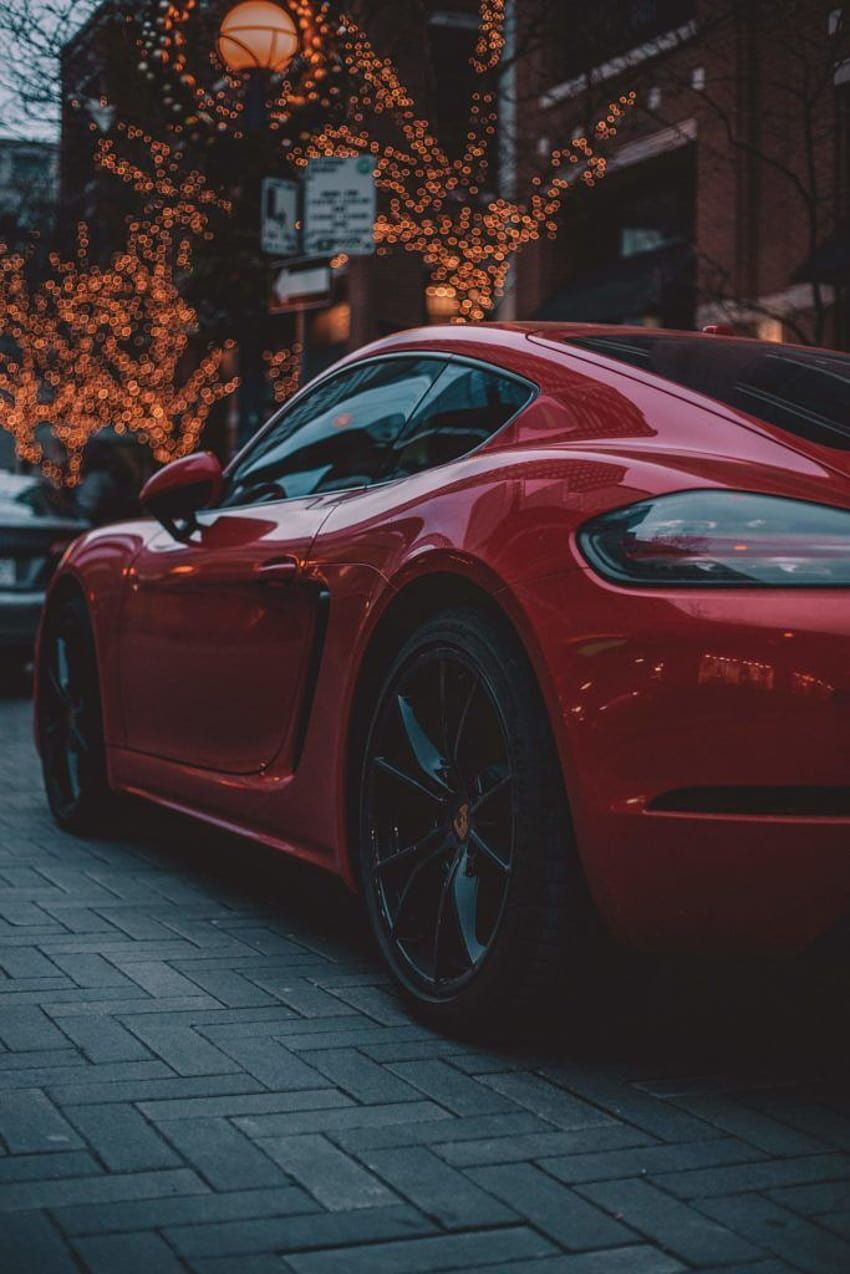 Porsche 718 Cayman, Porsche, Roter Sportwagen, Lichterketten, Abend, Straße, HD-Tablet-Hintergrundbild