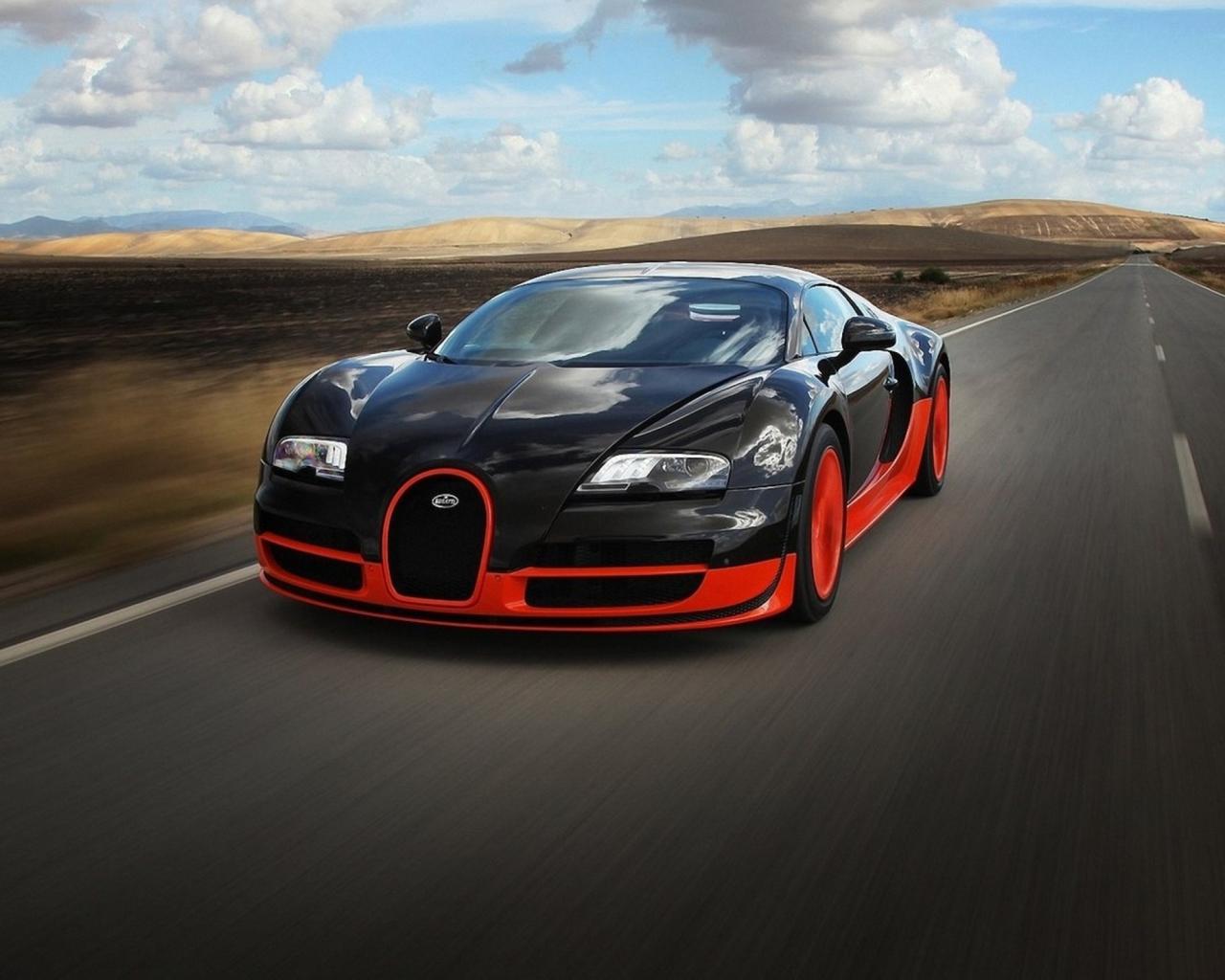 Bugatti Veyron Super Sport, Schwarz-orange, Landstraße, Fahrt, Bewegungsunschärfe, HD-Hintergrundbild