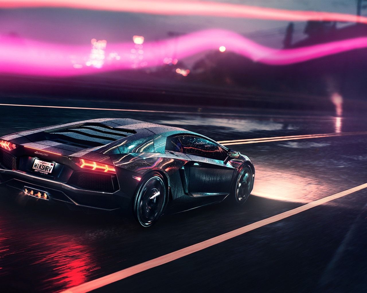 Lamborghini Aventador, Lichtspuren, Pinkes Neon, Nacht, Bewegungsunschärfe, HD, Windows-Hintergrundbild