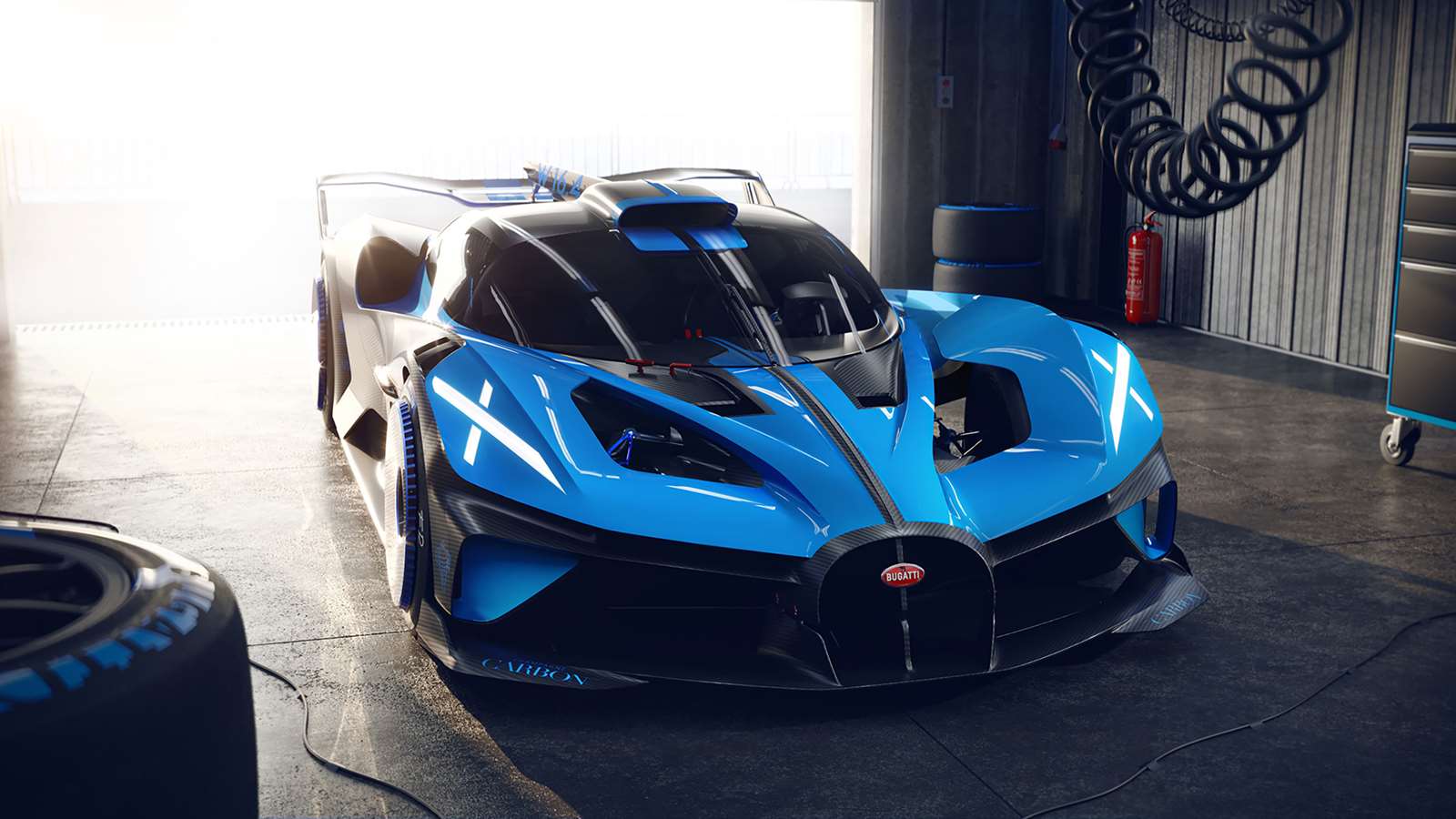Bugatti Bolide, Rennwagen, Boxengarage, Blaues Auto, Frontansicht, HD, Windows-Hintergrundbild