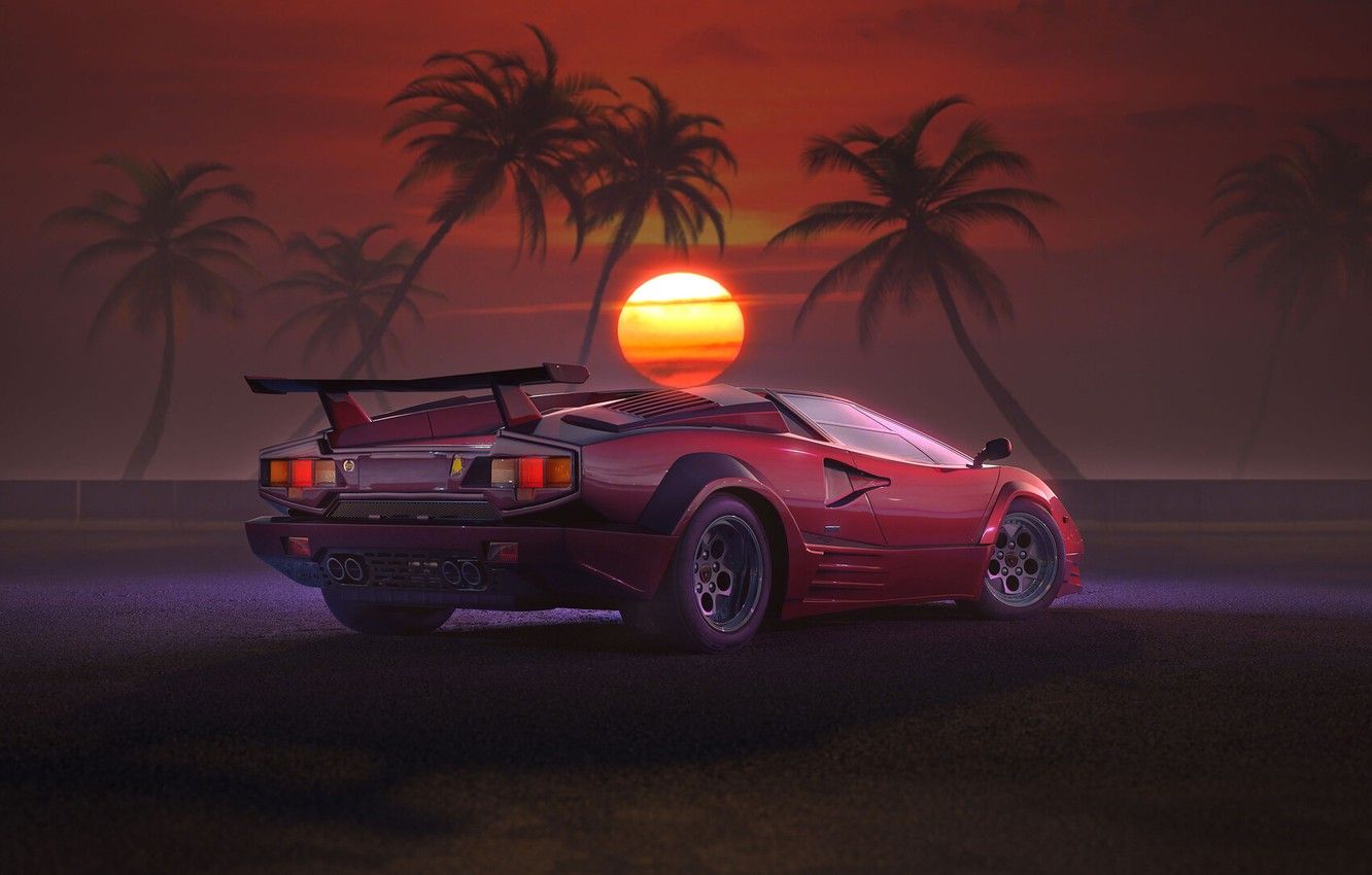 Lamborghini Countach, Palmen, Sonnenuntergang, Retrowave, Roter Himmel, HD-Hintergrundbild für PC