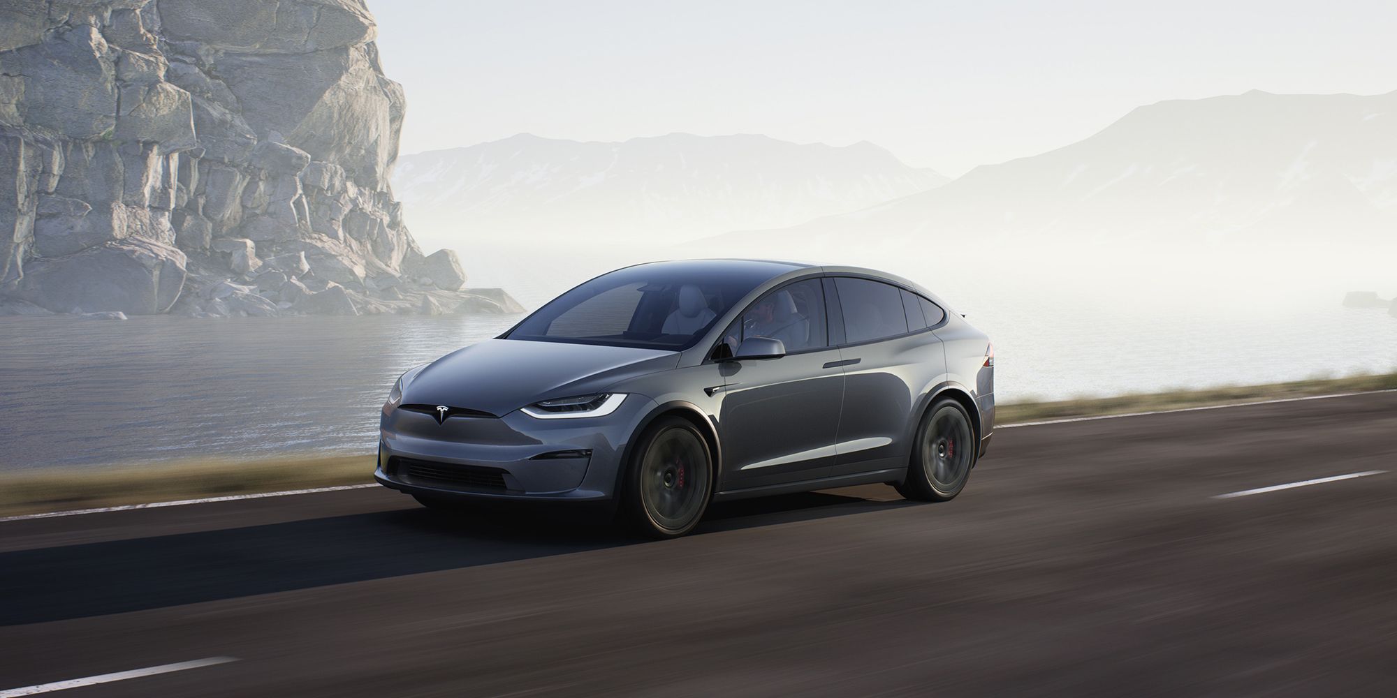 Tesla Model X, Tesla, Graues SUV, Felsküste, Dunst, Fahrt, Full HD, Windows-Hintergrundbild