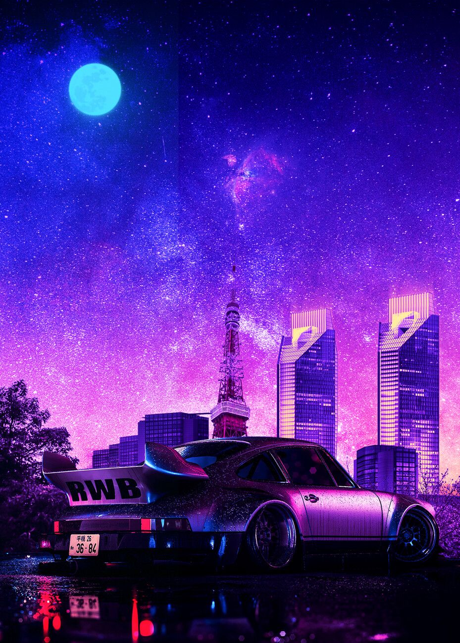 Porsche 911, Porsche, Synthwave, Sternenhimmel, Vollmond, Lila Töne, Digitale Kunst, iPad-Hintergrundbild