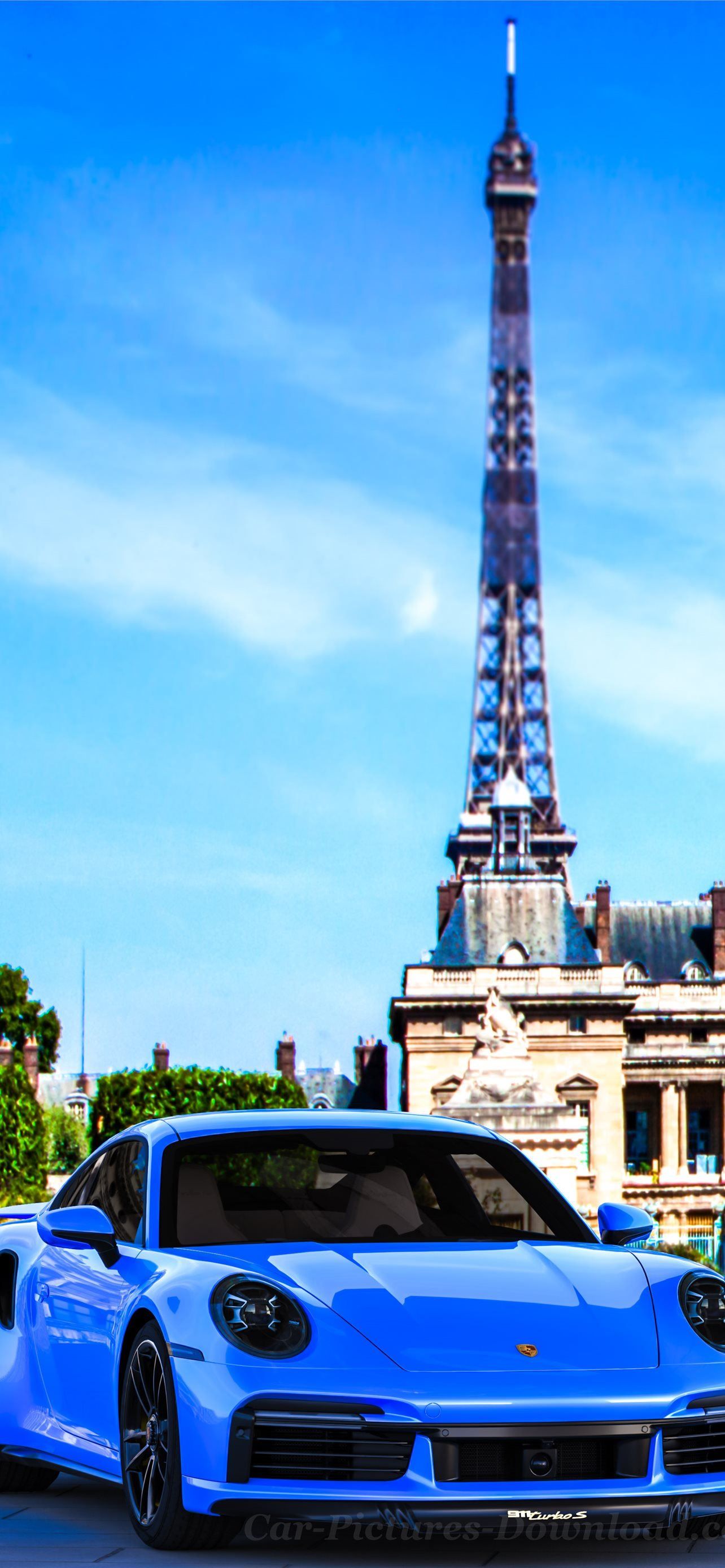 Porsche 911 Turbo, Eiffelturm, Paris, Porsche, Blauer Sportwagen, Blauer Himmel, Full-HD-Handy-Hintergrundbild