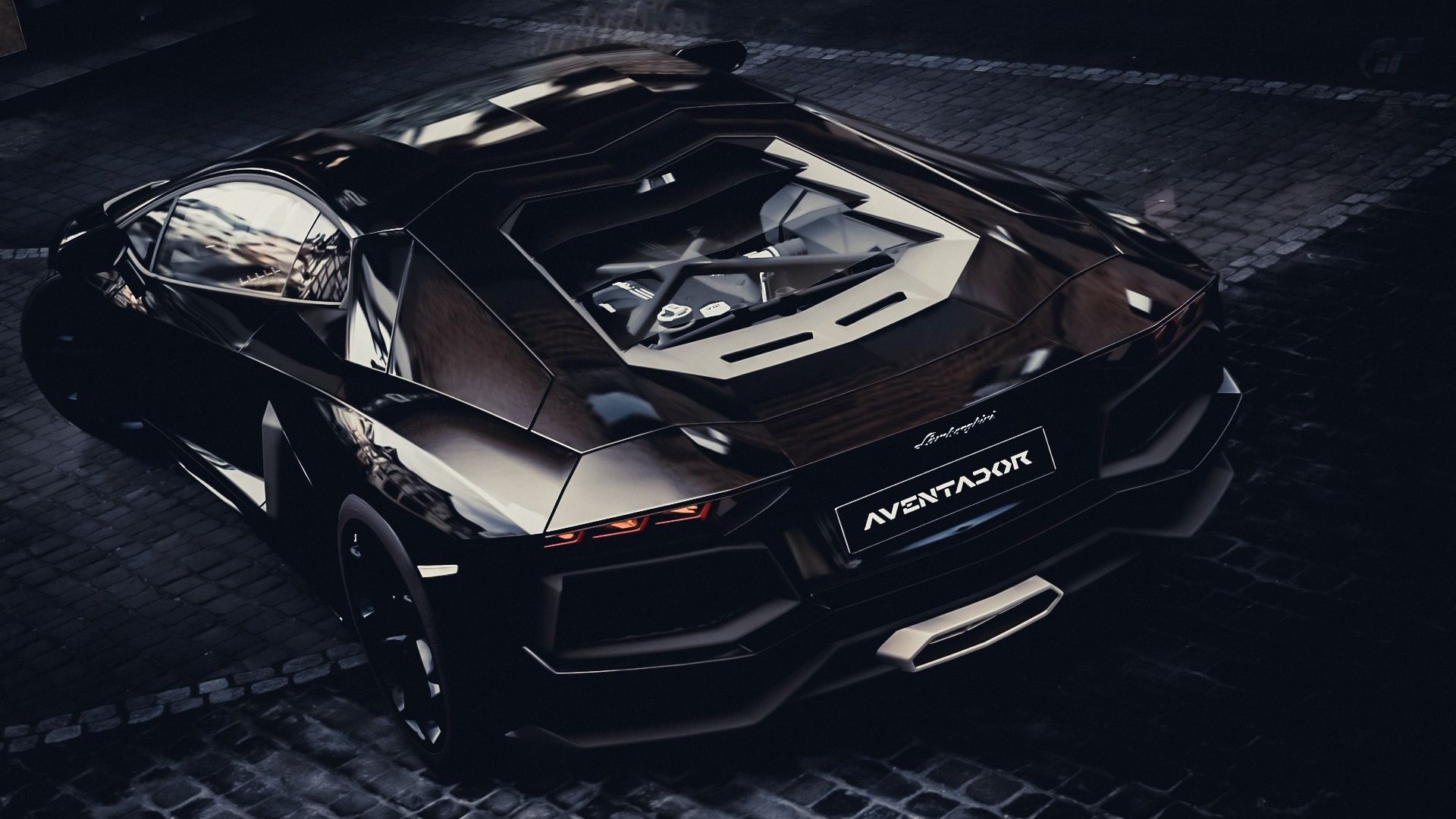 Lamborghini Aventador, Schwarzer Supersportwagen, Draufsicht, Motorabdeckung, Dunkel, Full-HD-Hintergrundbild