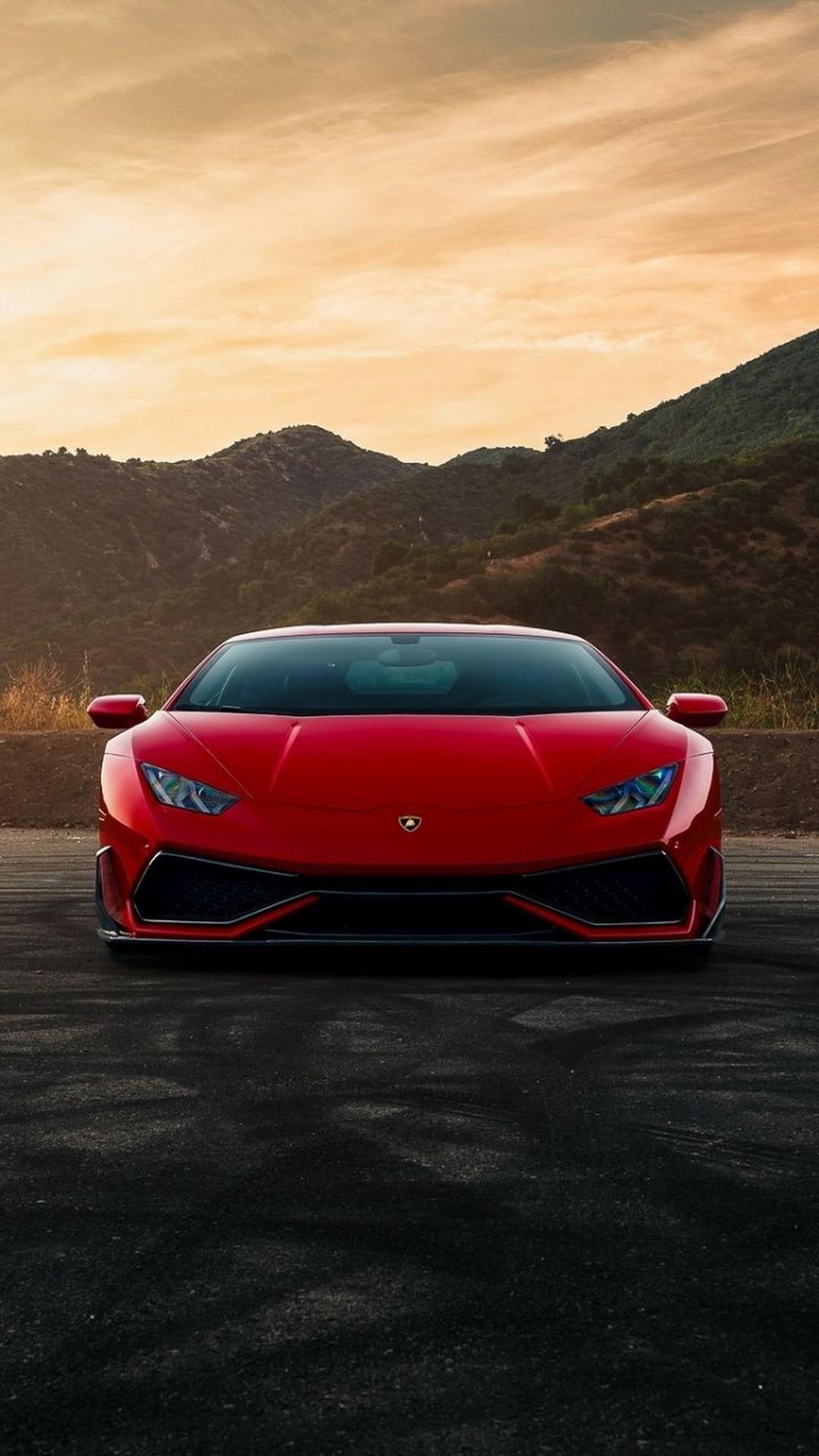 Lamborghini Huracán, Roter Sportwagen, Frontansicht, Berge, Abendhimmel, Hintergrundbild fürs Handy