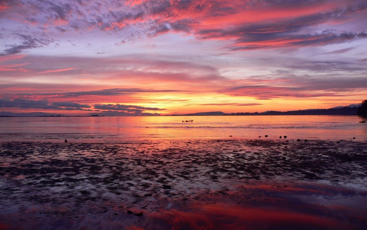 Sonnenuntergang, Küste, Ebbe, Wolken, Abendrot, HD, Desktop-Hintergrund für Windows