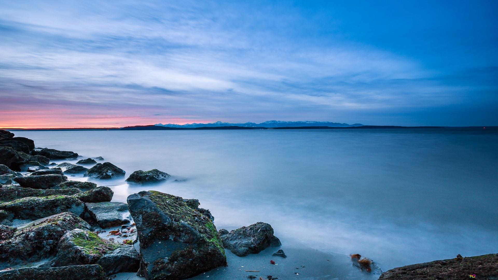 Felsenküste, See, Langzeitbelichtung, Abenddämmerung, Blau, Full HD, PC-Hintergrundbild