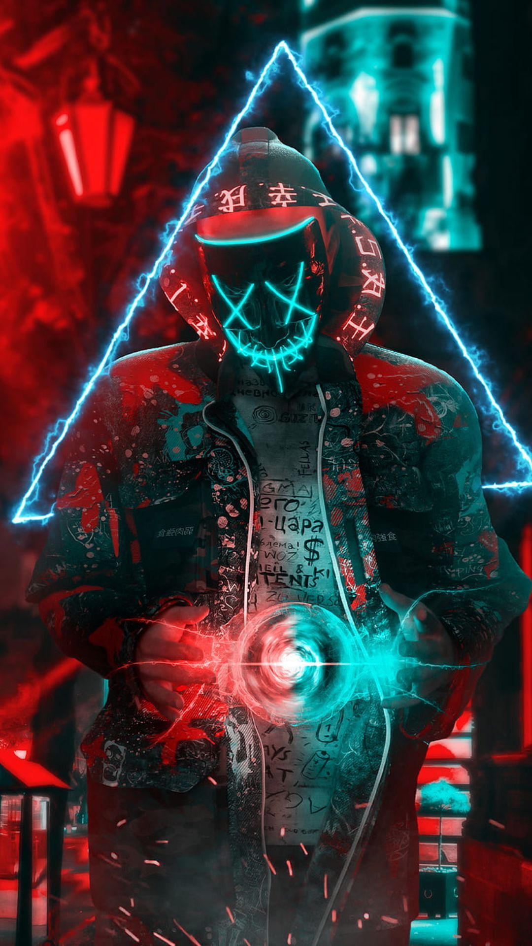 Neon-Samurai, Dreieck, Cyberpunk, Rot, Türkis, Full HD, Handy-Hintergrund im Hochformat