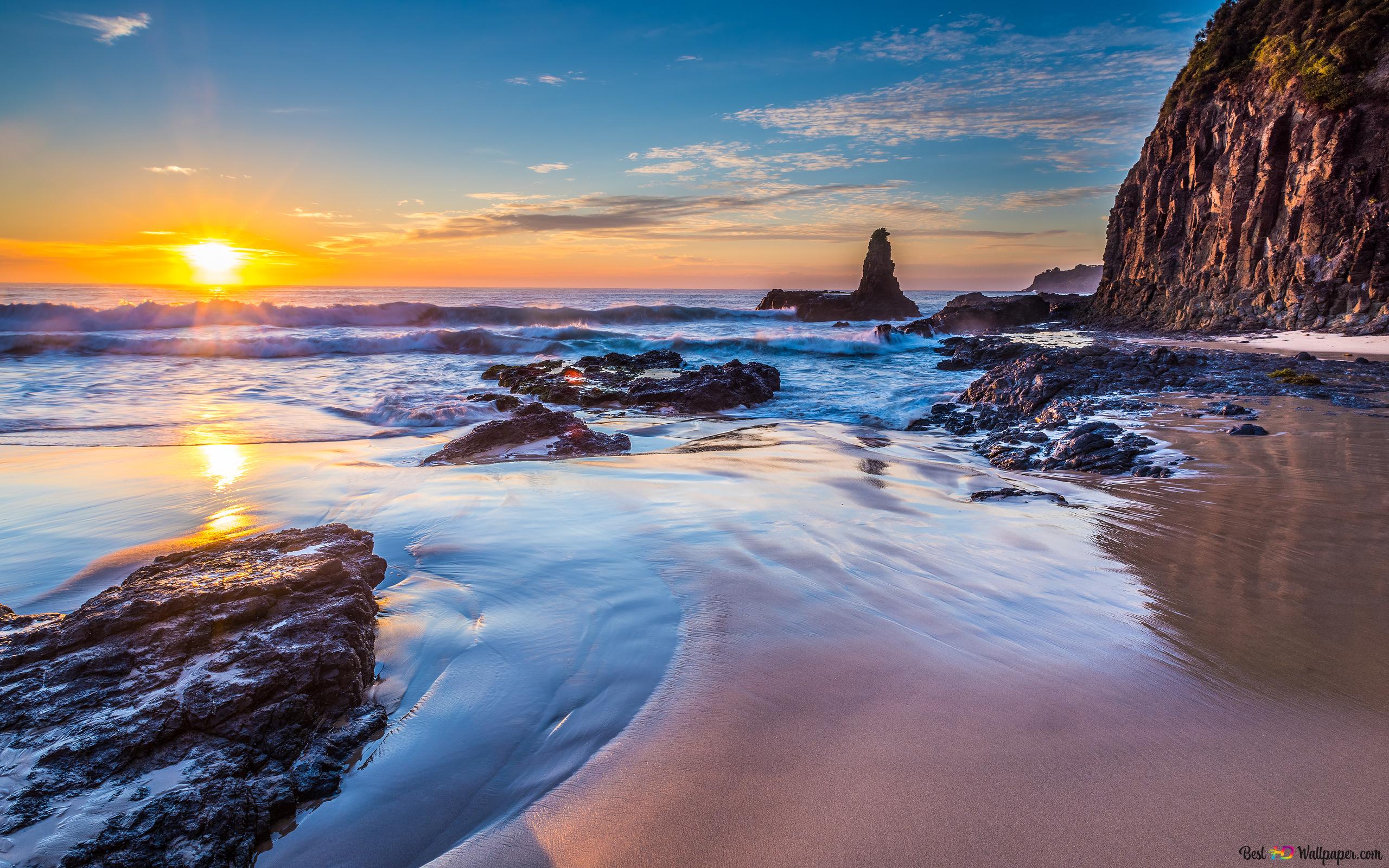 Felsenküste, Sonnenuntergang, Strand, Klippen, Felsnadel, 2K, MacBook-Hintergrundbild