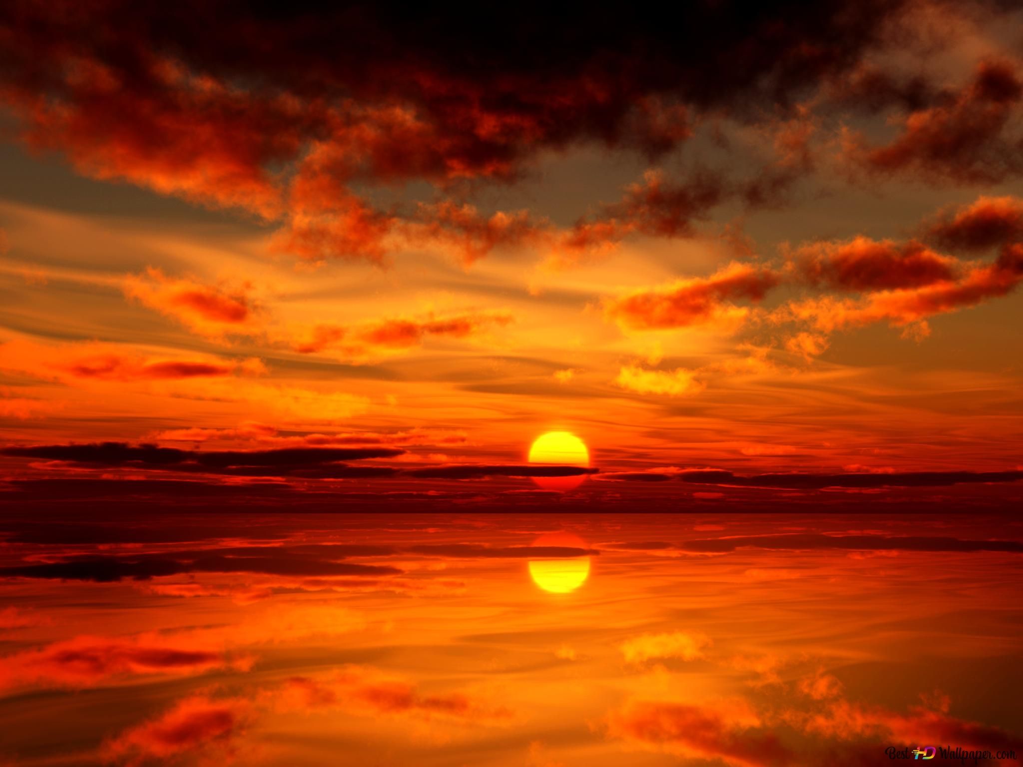 Sonnenuntergang, Meer, Rote Wolken, Dramatischer Himmel, Full HD, Tablet-Hintergrund