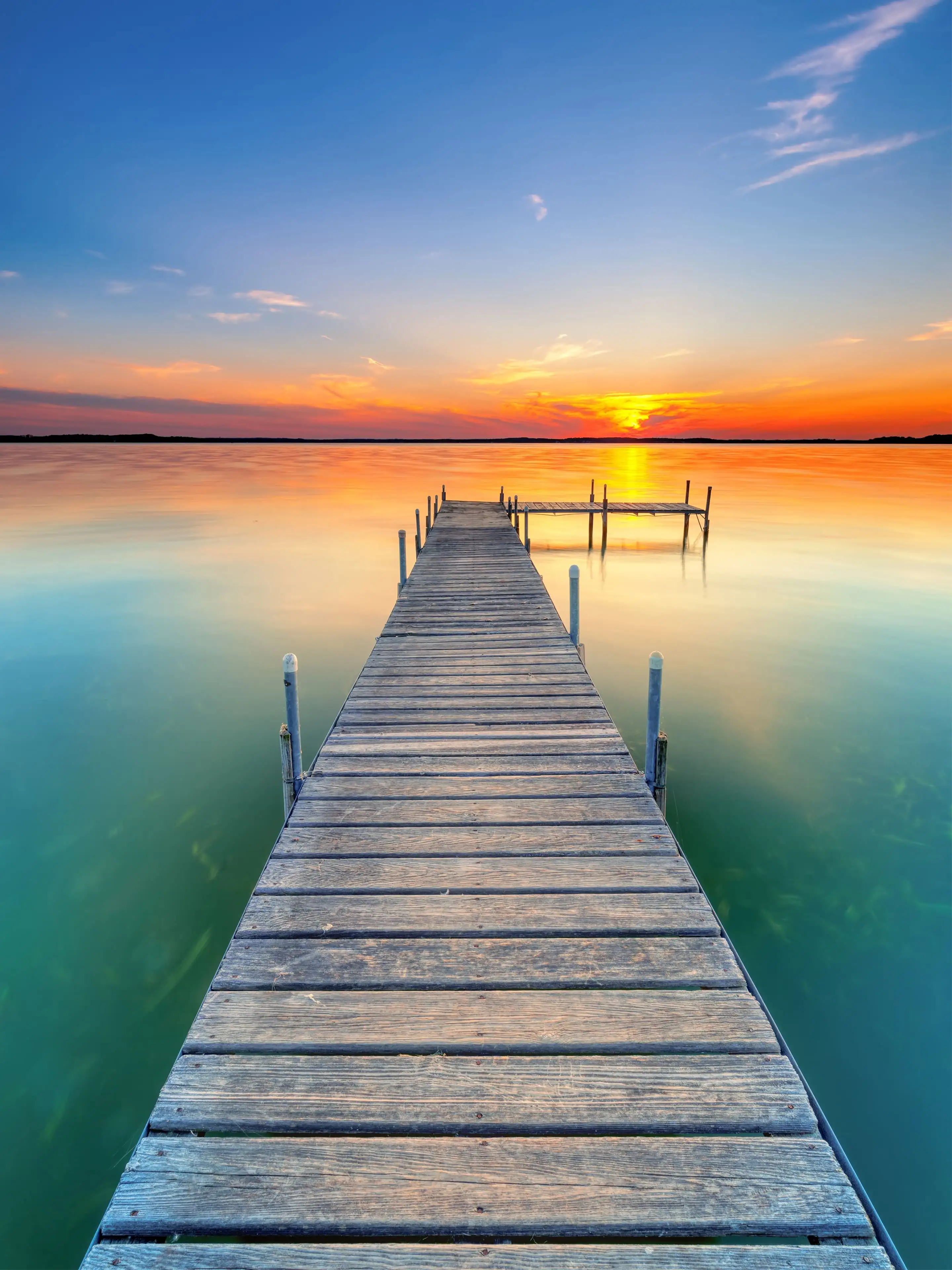 Steg, Holzsteg, See, Türkises Wasser, Abendrot, QHD+, Hintergrundbild fürs Tablet