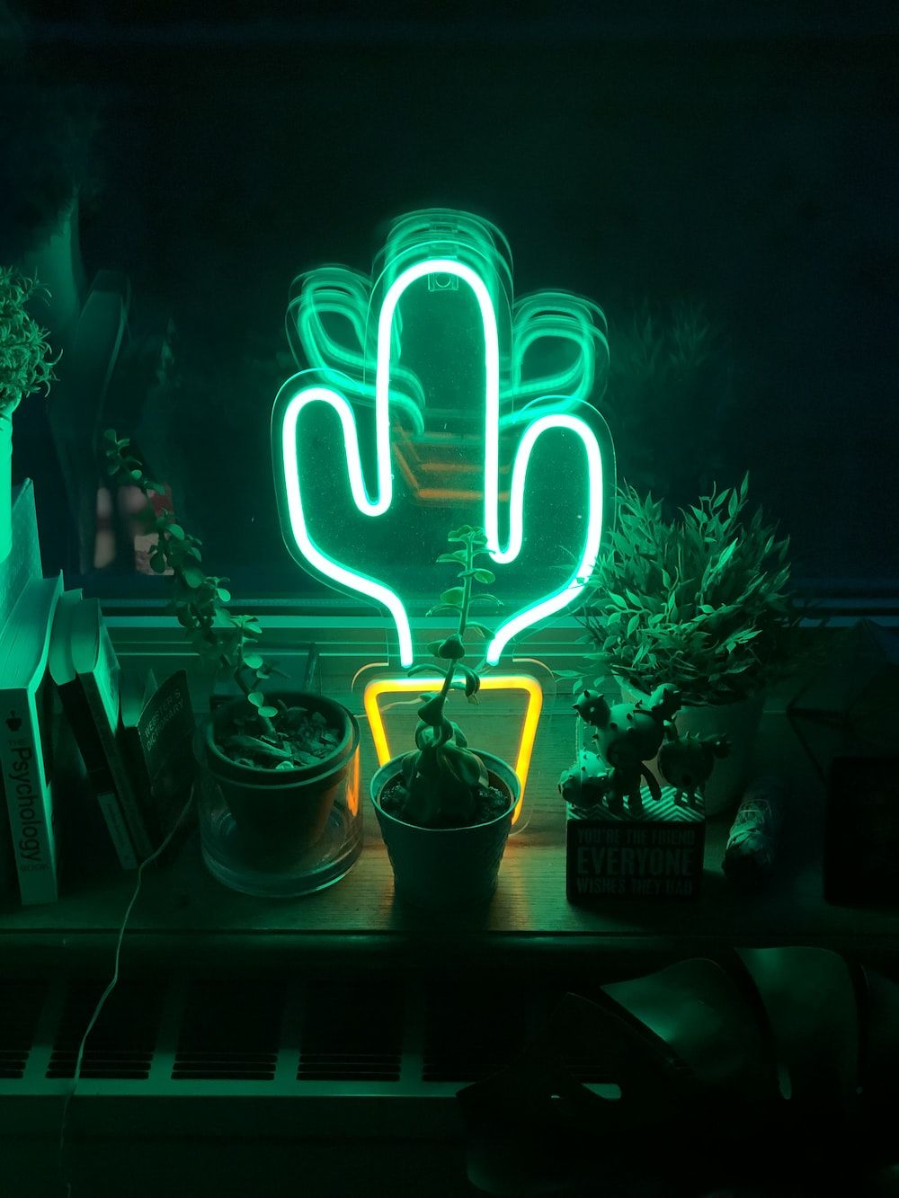 Kaktus, Neonlampe, Grün, Pflanzen, Dunkel, HD, Hintergrundbild fürs Tablet