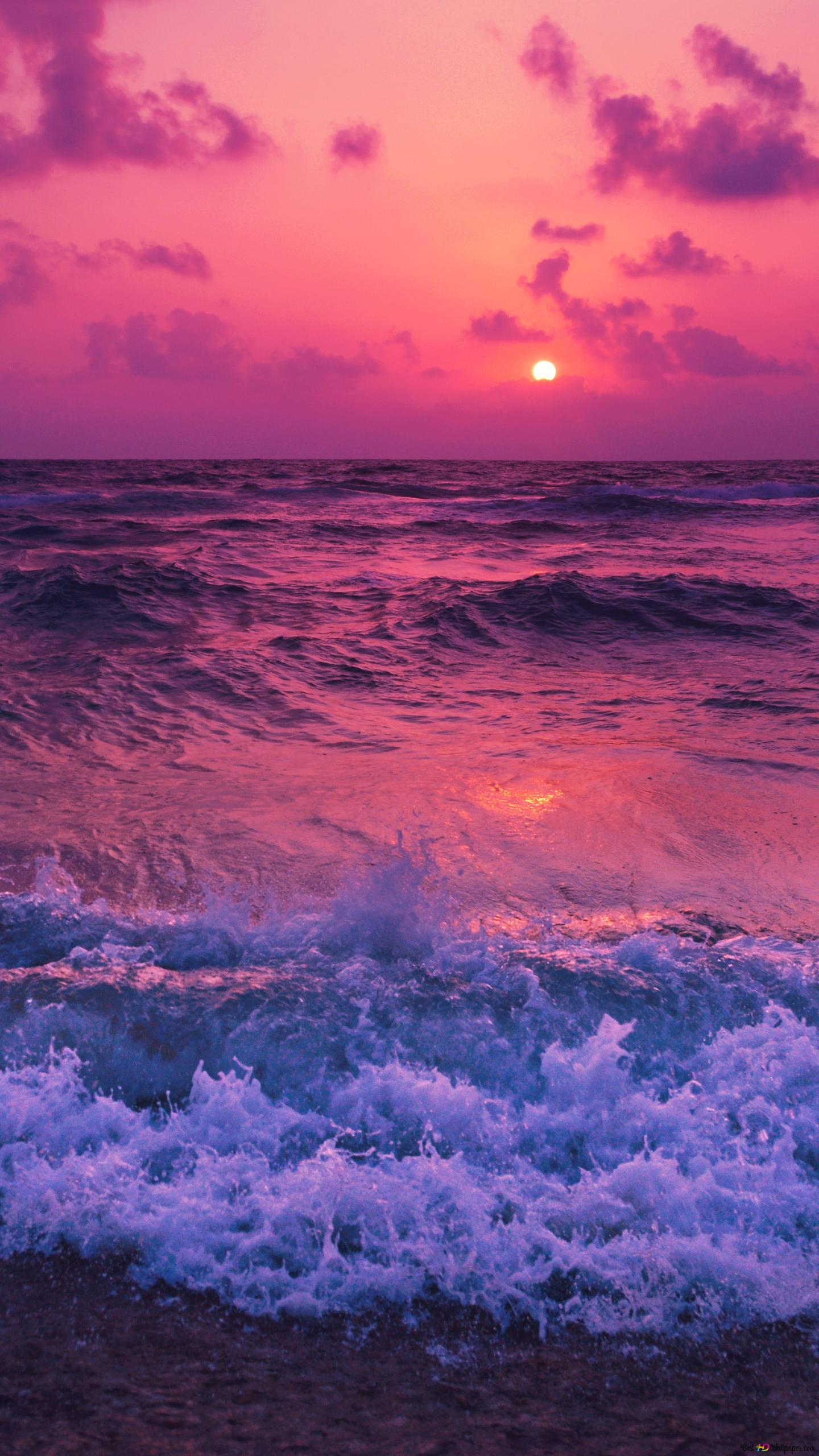Meer, Wellen, Pink, Lila, Gischt, QHD+, Hintergrundbild fürs Handy