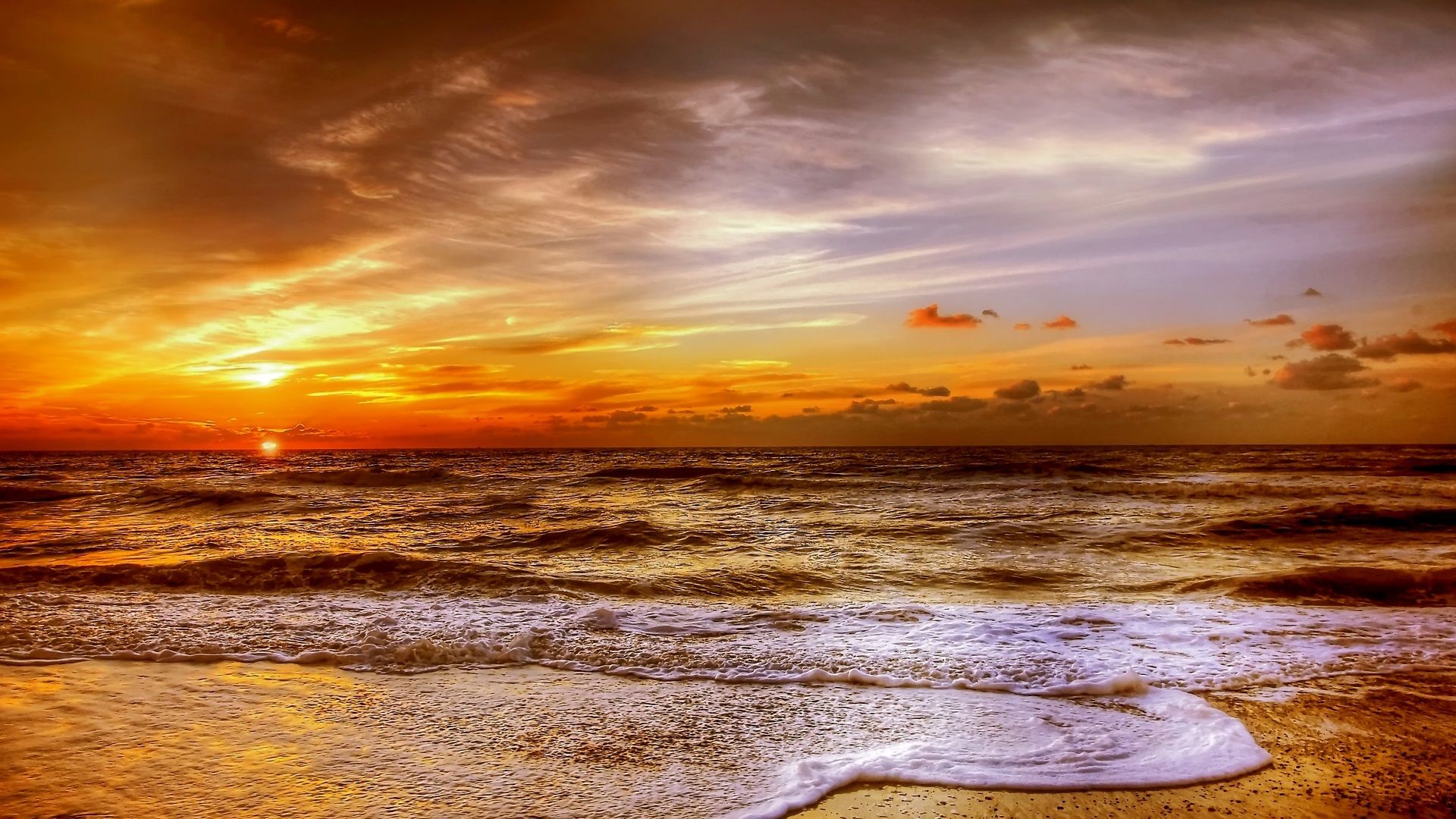 Strand, Wellen, Goldener Himmel, Wolken, Meer, Full HD 1080p, Desktop-Hintergrundbild