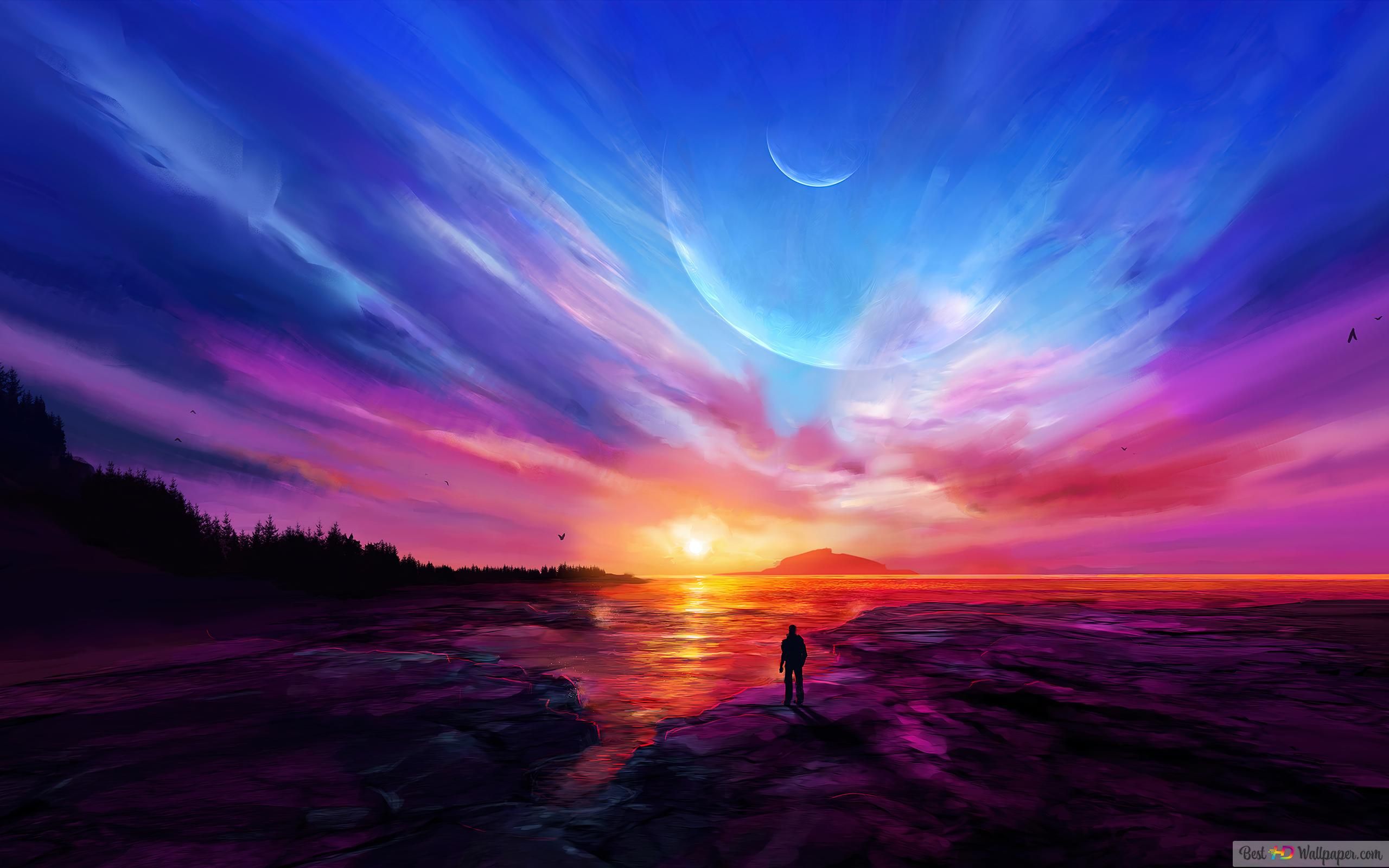 Digitale Kunst, Mond, Person, Lila Himmel, Fantasie, 16:10, 2K-Hintergrundbild für den Desktop