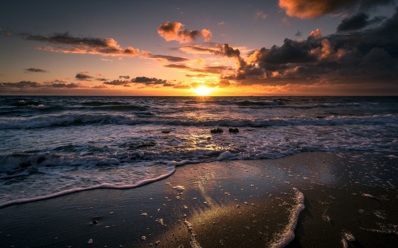 Strand, Wellen, Wolken, Meer, Dämmerung, HD, Desktop-Hintergrund für Windows