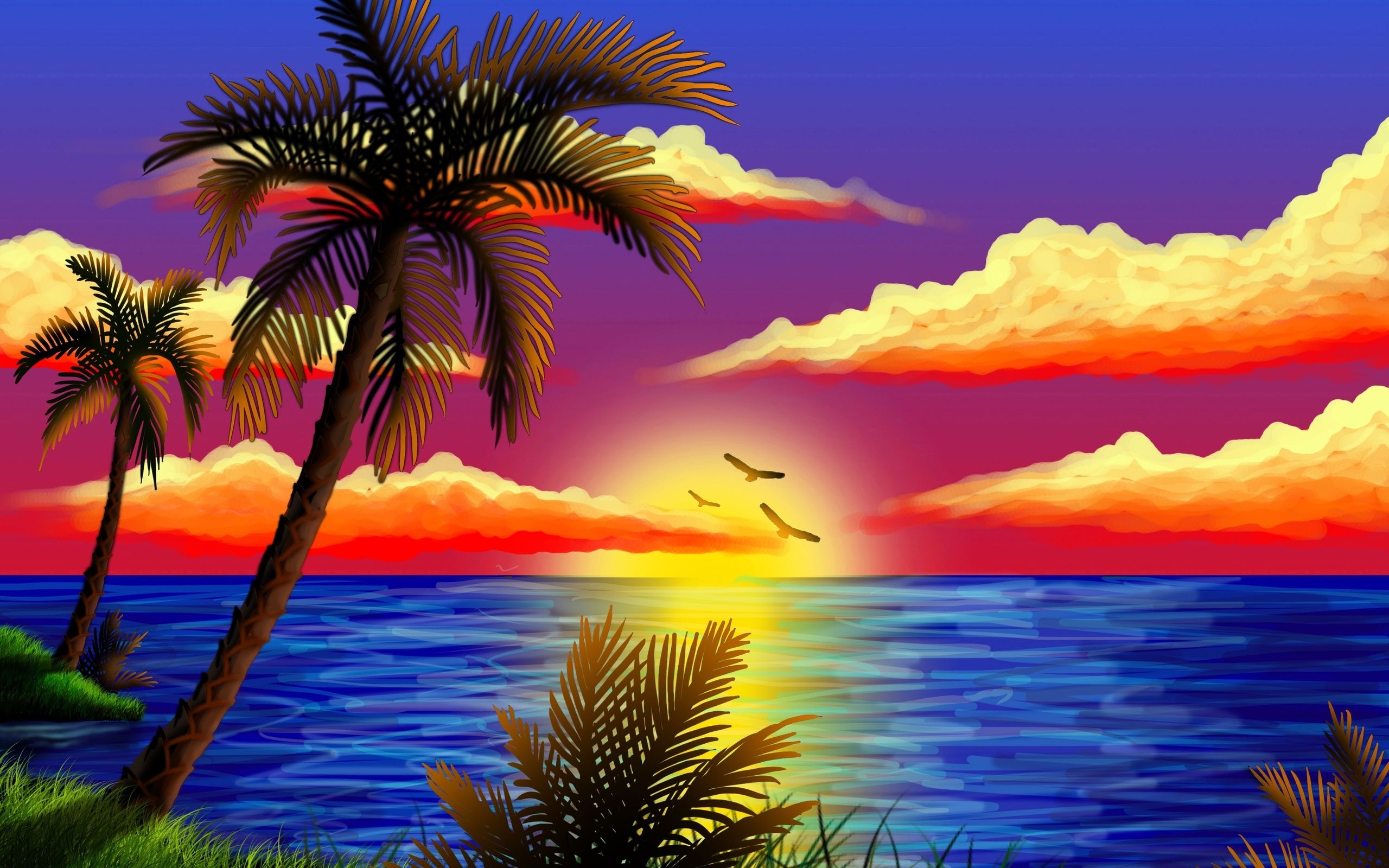 Palmen, Illustration, Meer, Möwen, Bunte Wolken, 2K, Hintergrundbild für den PC