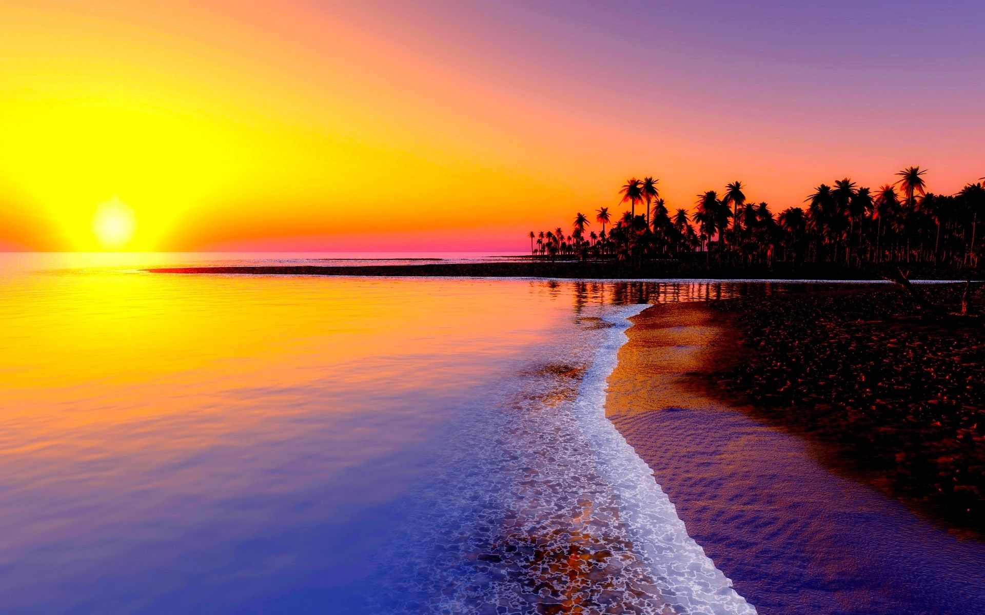 Strand, Palmen, Welle, Goldener Himmel, Tropen, 16:10, Full-HD-Hintergrundbild für den Desktop