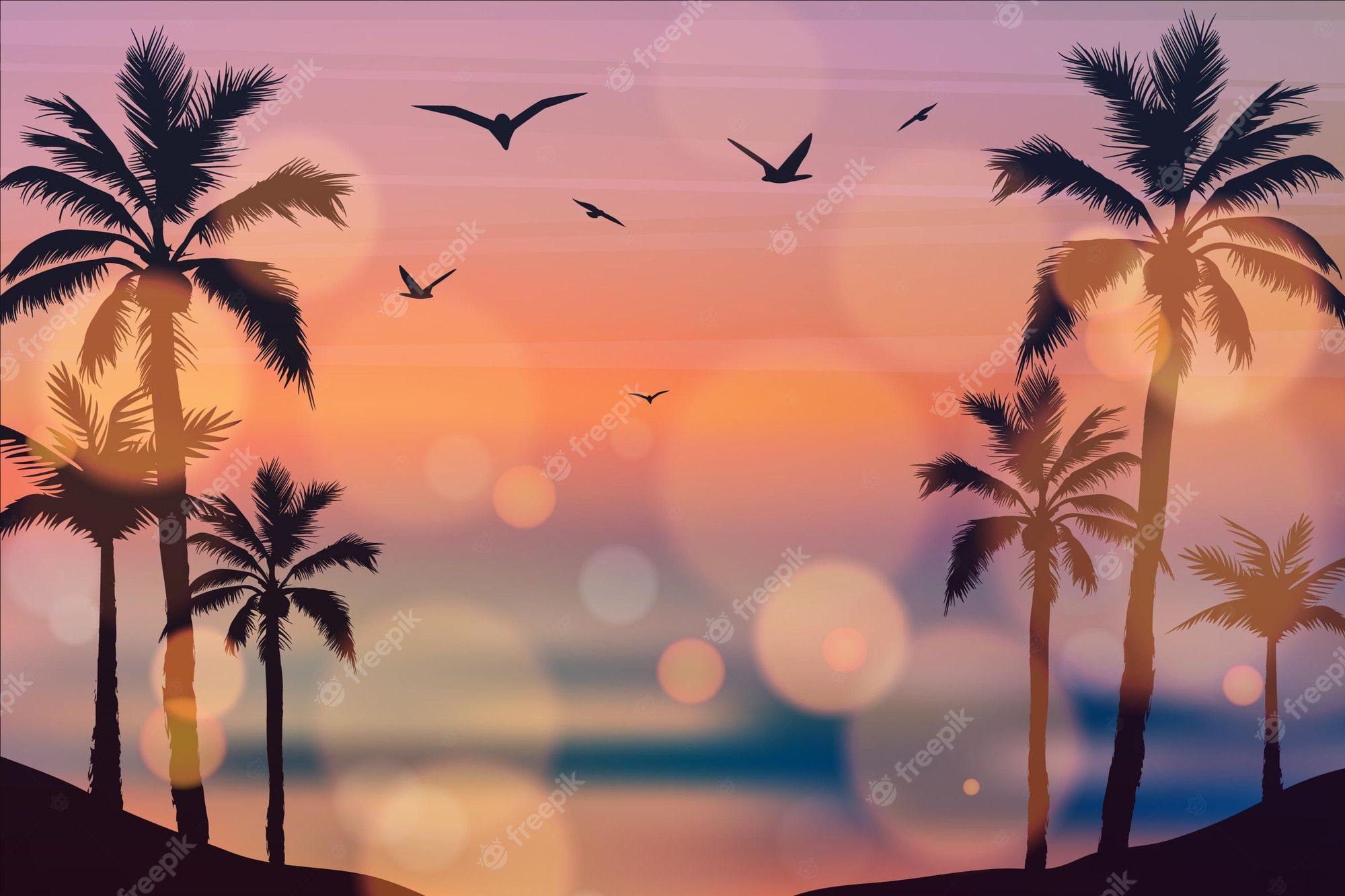 Palmen, Vögel, Bokeh, Illustration, Pastellfarben, Full HD, Desktop-Hintergrund für Windows