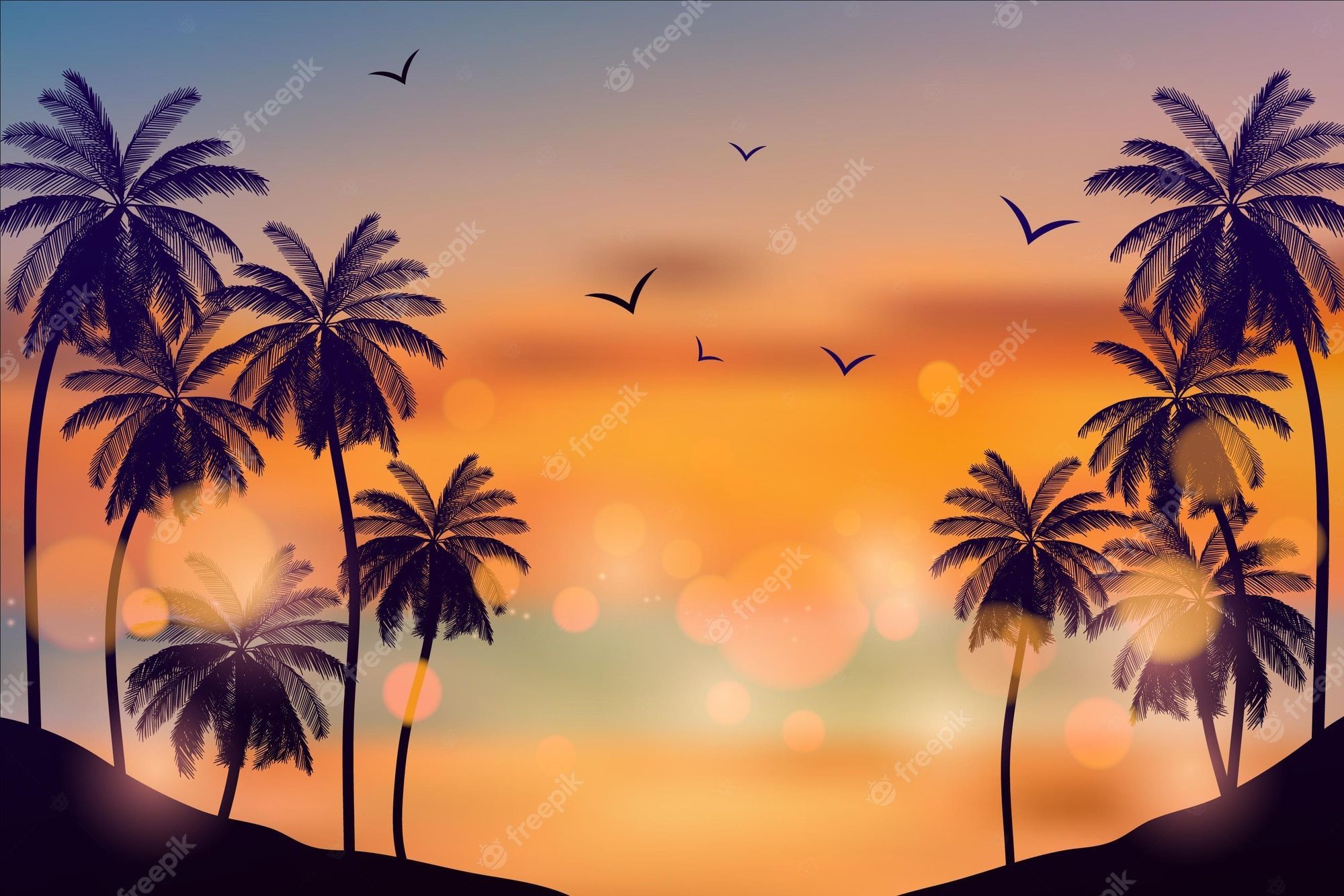 Palmen, Vögel, Illustration, Bokeh, Orange, Full HD, Desktop-Hintergrund für Windows
