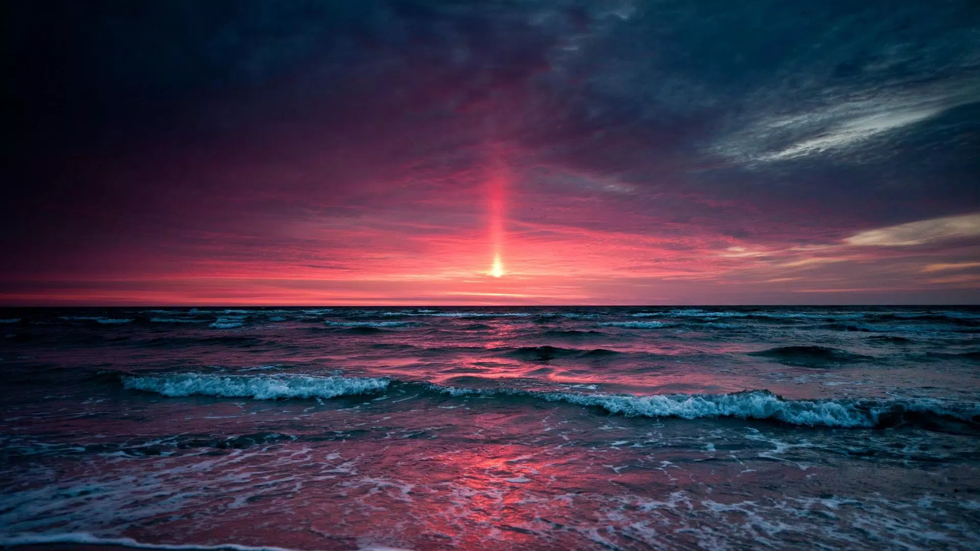 Meer, Wellen, Lichtstrahl, Lila, Dramatischer Himmel, 16:9, Full-HD-Hintergrundbild für den Desktop