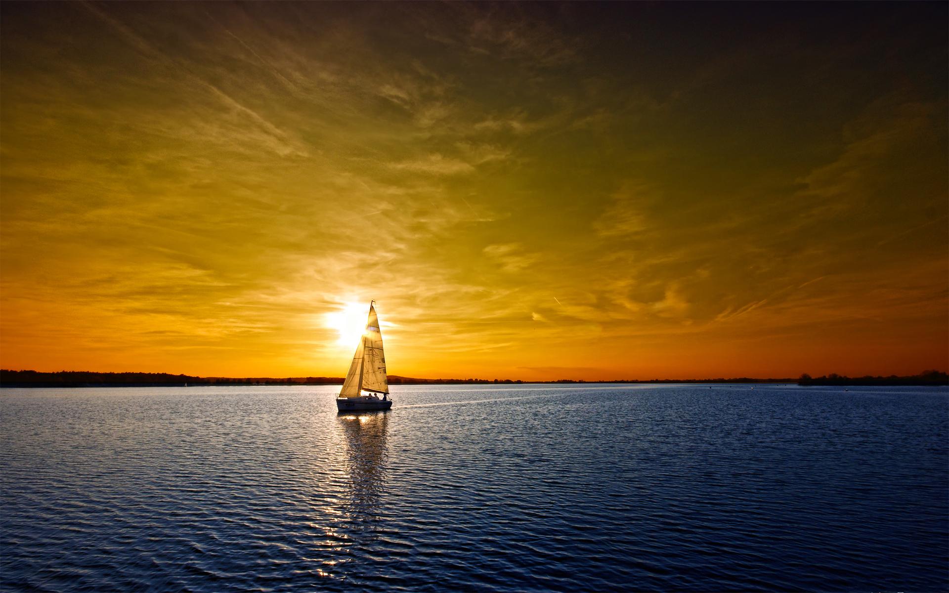 Segelboot, Meer, Goldener Himmel, Gegenlicht, Silhouette, Full HD, Desktop-Hintergrund