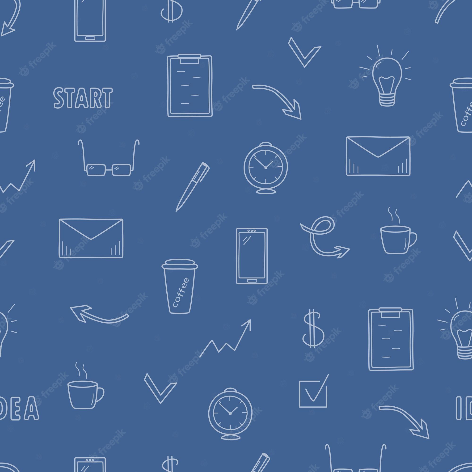Büro-Icons, Muster, Blau, Strichzeichnung, Full HD, Hintergrundbild fürs Tablet