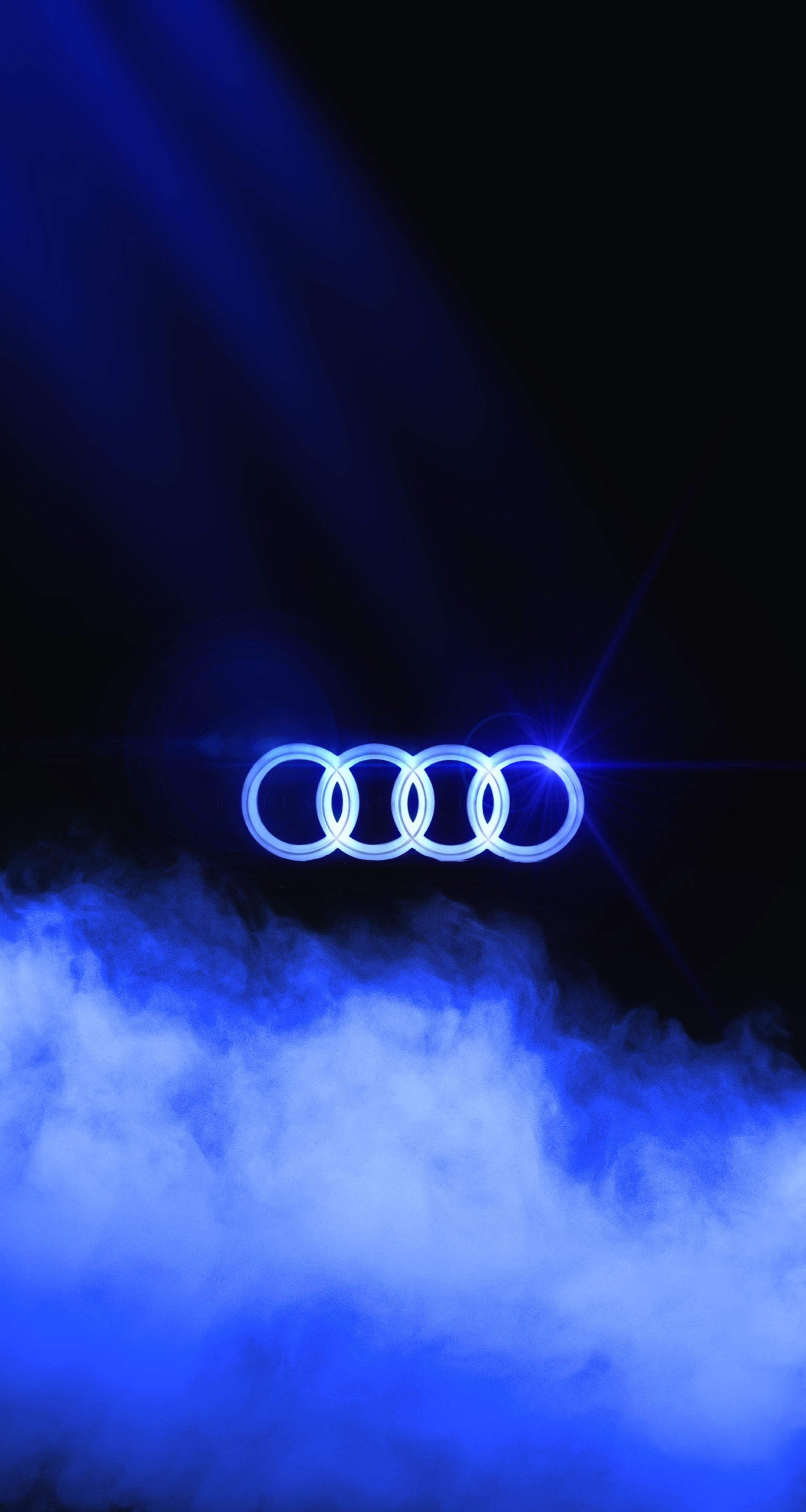 Audi-Logo, Neonblau, Rauch, Dunkel, Leuchtend, QHD+, Sperrbildschirm fürs iPhone