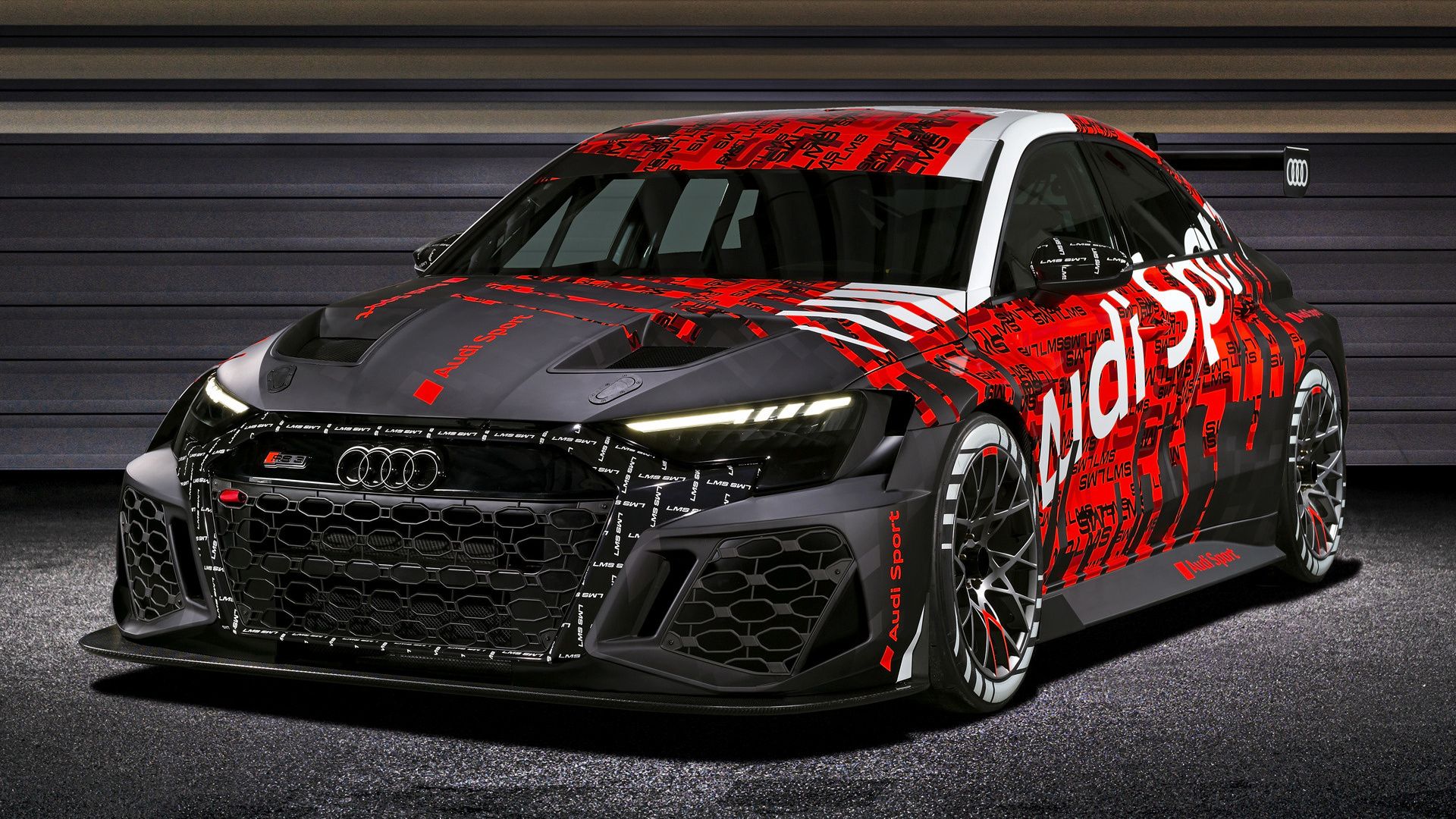 Audi RS3 LMS, Audi Sport, Rennwagen, Rot-schwarze Folierung, Garage, 1920x1080, PC-Hintergrundbild