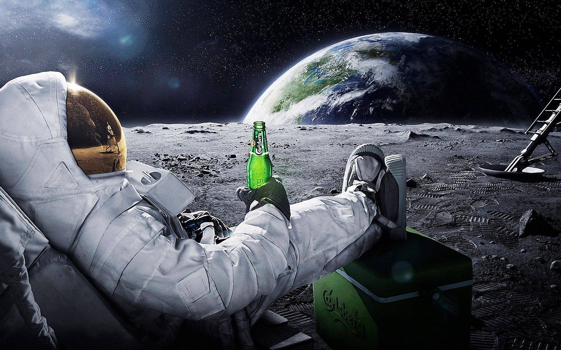 Astronaut, Mond, Erde, Bierflasche, Weltraum, Kühlbox, Surreal, Full HD, Windows-Hintergrundbild