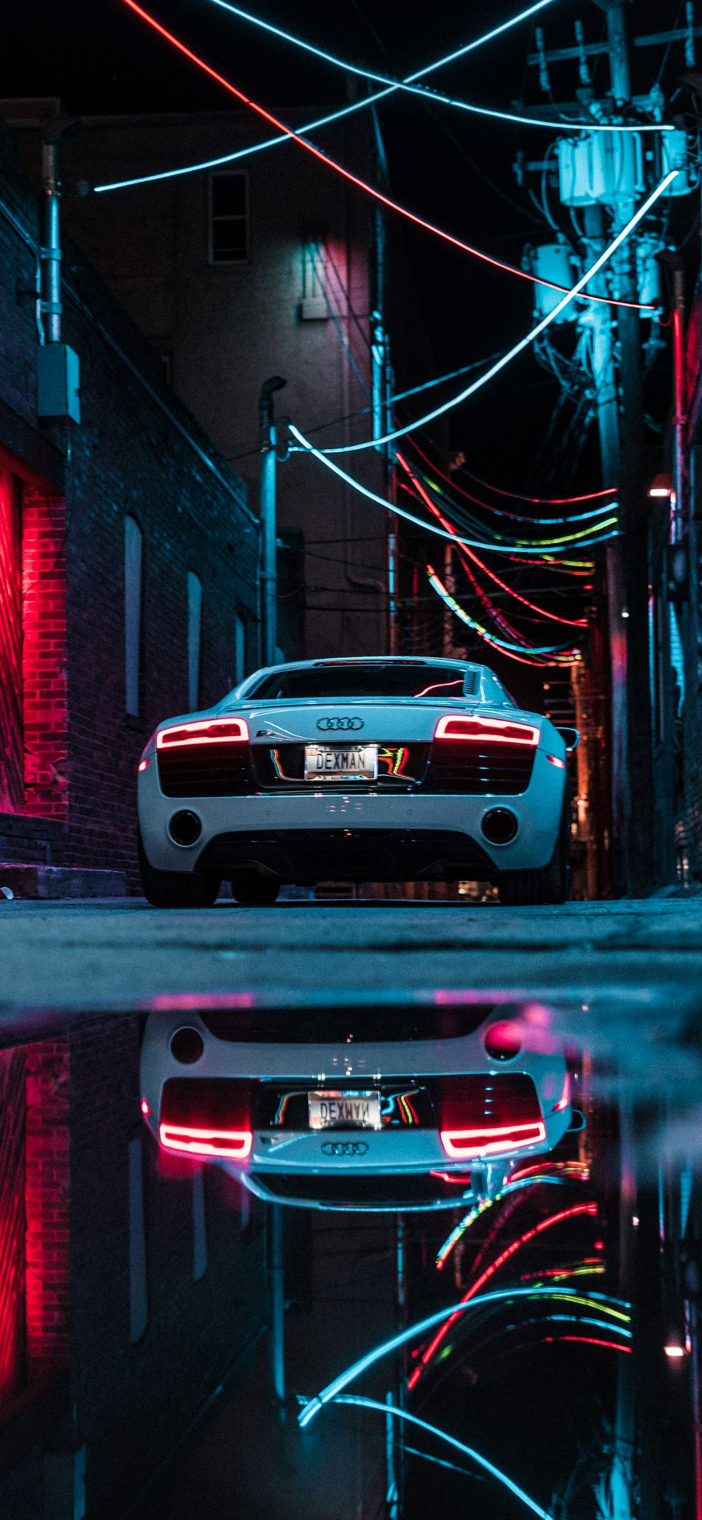 Audi R8, Neonlicht, Nacht, Spiegelung, Supersportwagen, Hintergrundbild für iPhone und Android