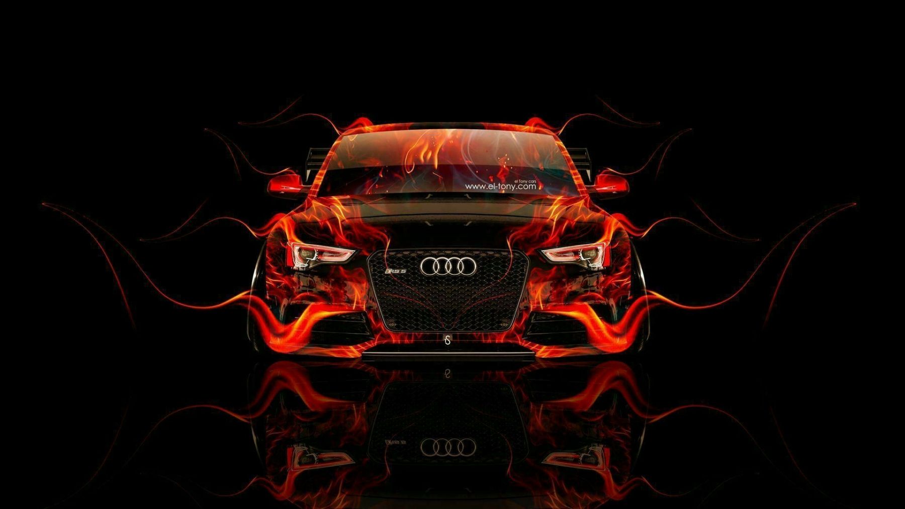 Audi RS, Feuer, Flammen, Digitale Kunst, Schwarzer Hintergrund, HD Wallpaper