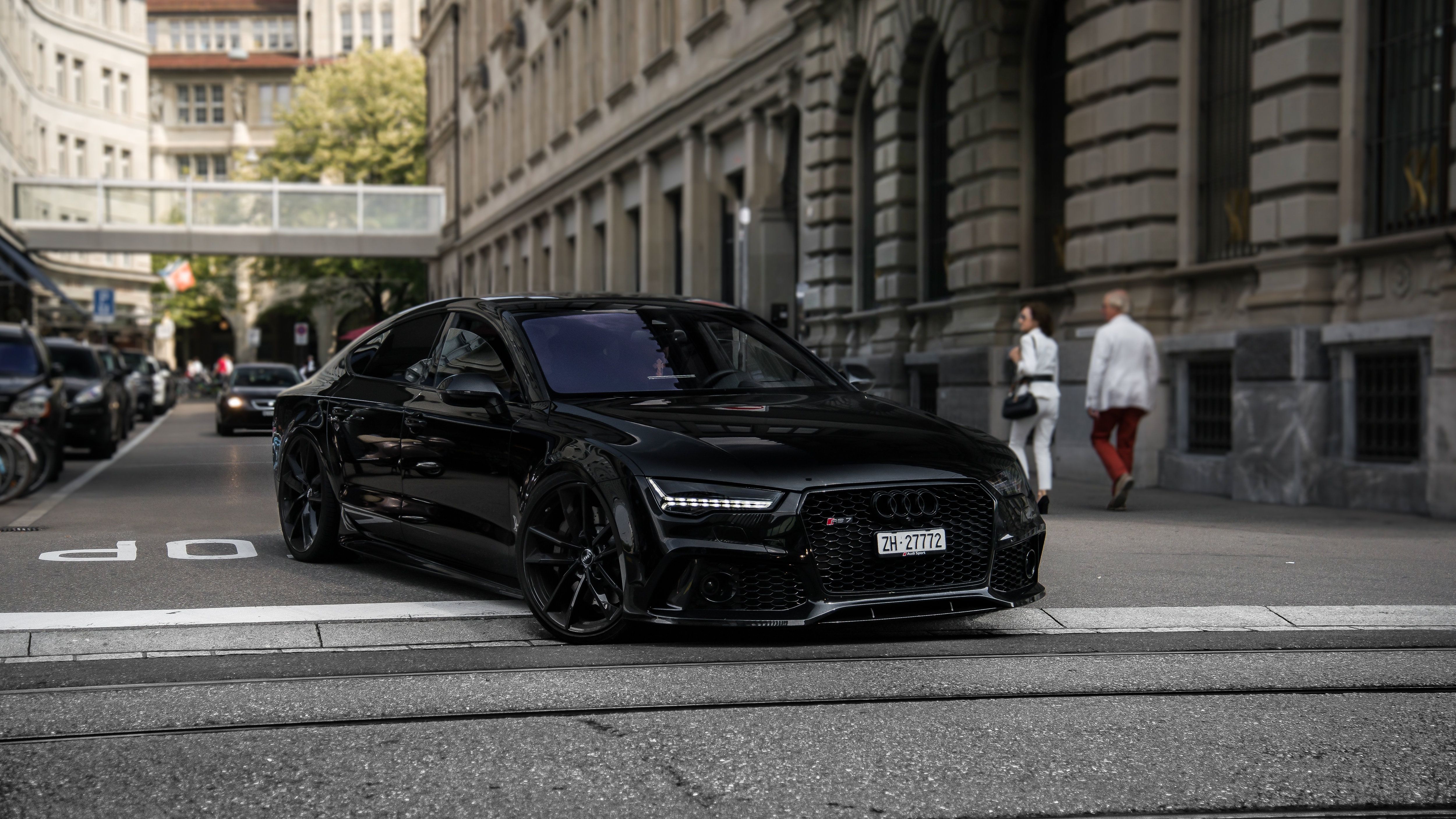 Audi RS7 Sportback, Schwarz, Stadtstraße, Mattschwarz, Urban, 4K-Hintergrundbild für PC