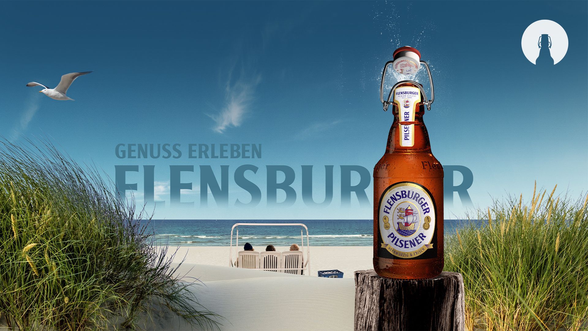 Flensburger Pilsener, Flensburger, Bügelflasche, Strand, Strandkörbe, Werbung, Full-HD-Hintergrund