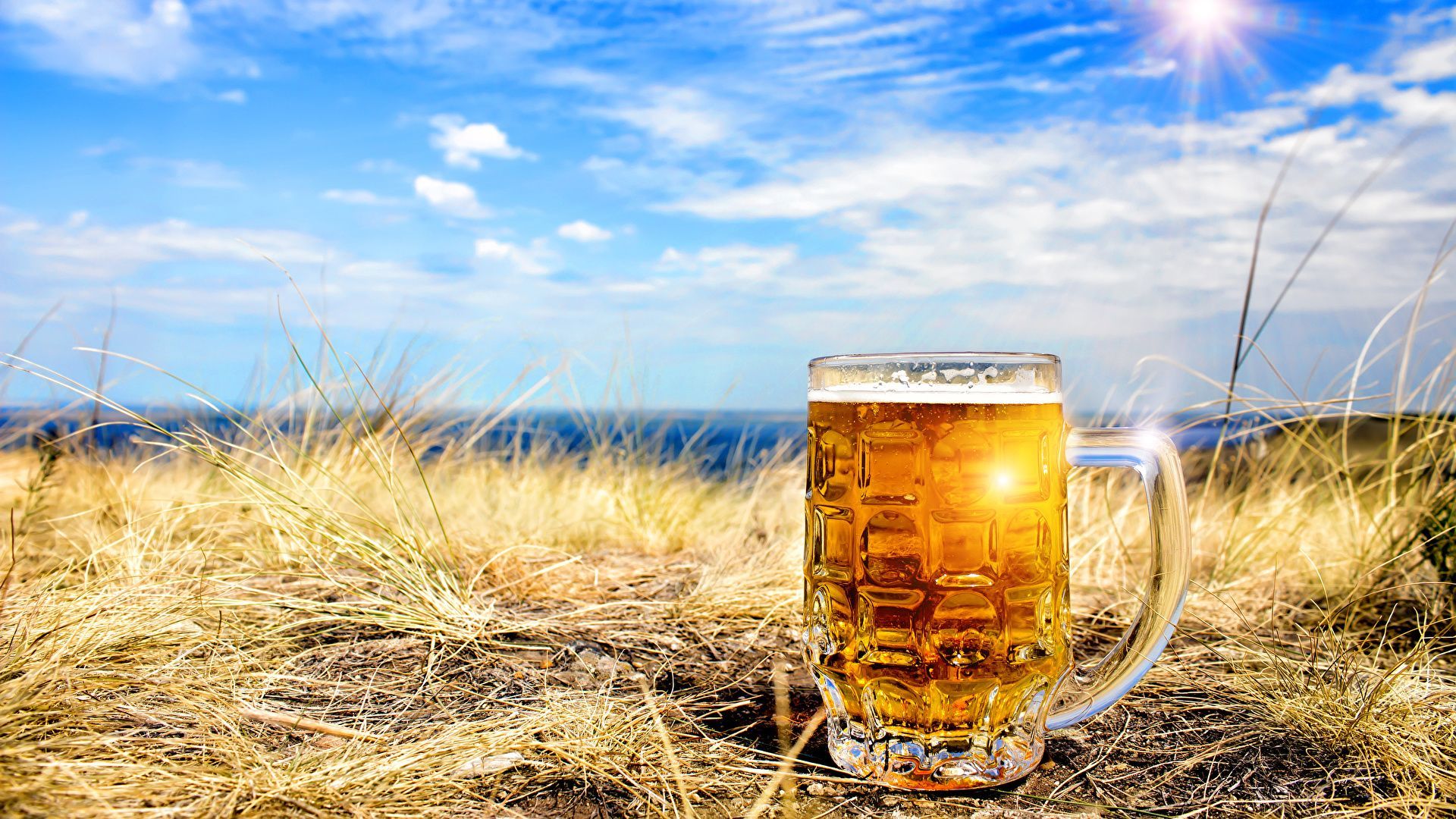 Bierkrug, Dünengras, Meer, Sonne, Strand, Sommer, Full HD, Desktop-Hintergrund für Windows